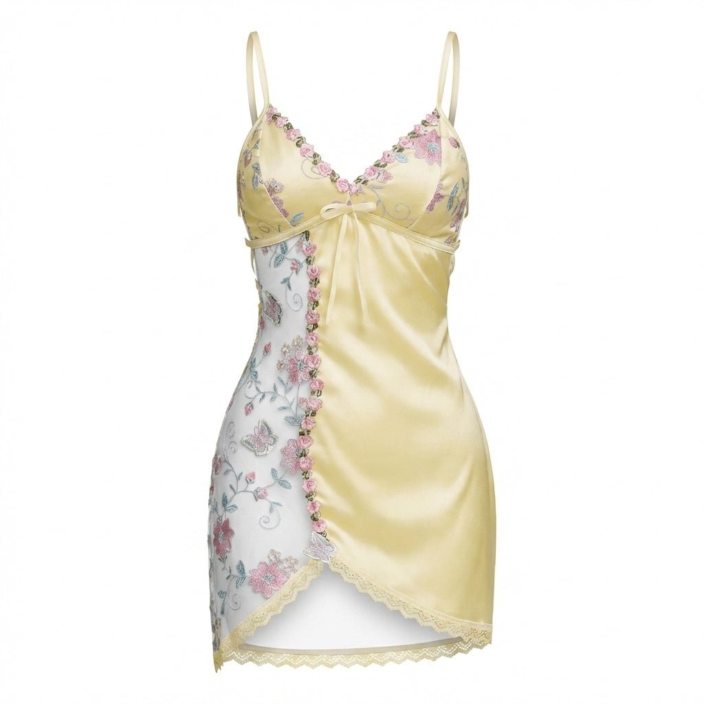 Yellow Floral Embroidered Mesh Satin Chemise - MARELIA