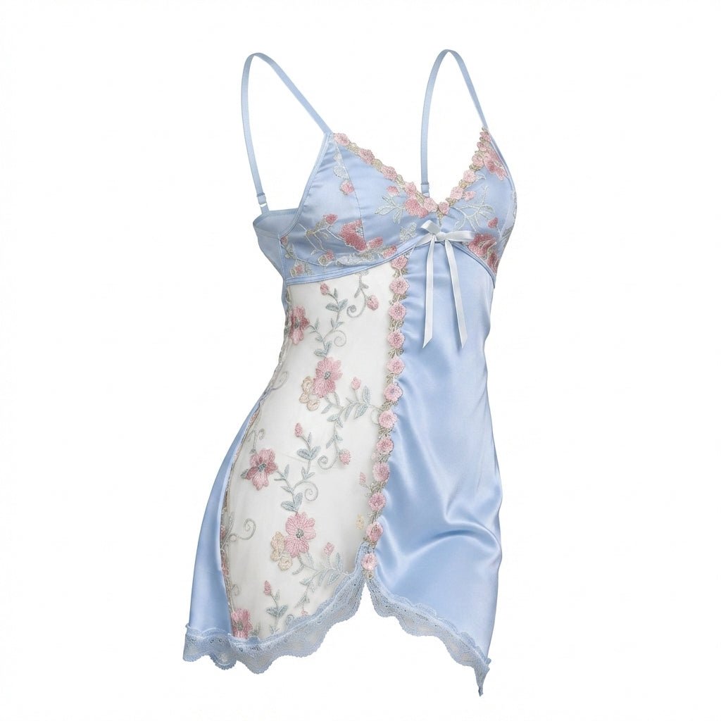 Baby Blue Floral Embroidered Mesh Satin Chemise - MARELIA