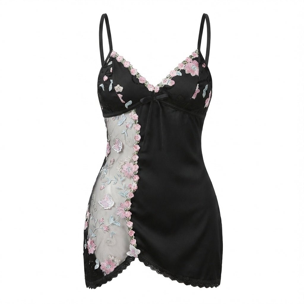 Black Floral Embroidered Mesh Satin Chemise - MARELIA