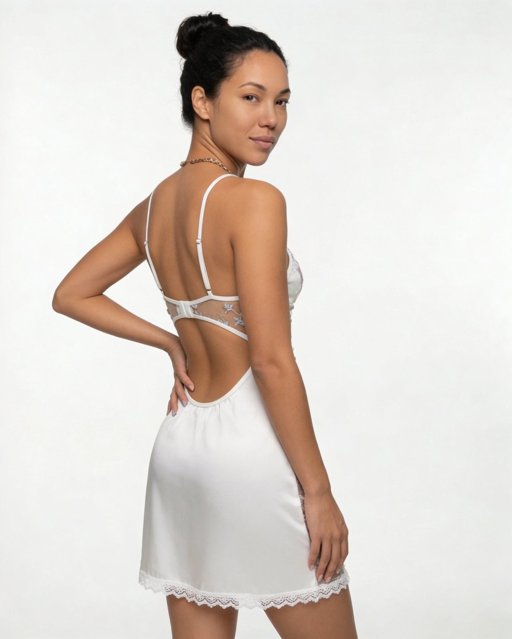 White Floral Embroidered Mesh Satin Chemise - MARELIA