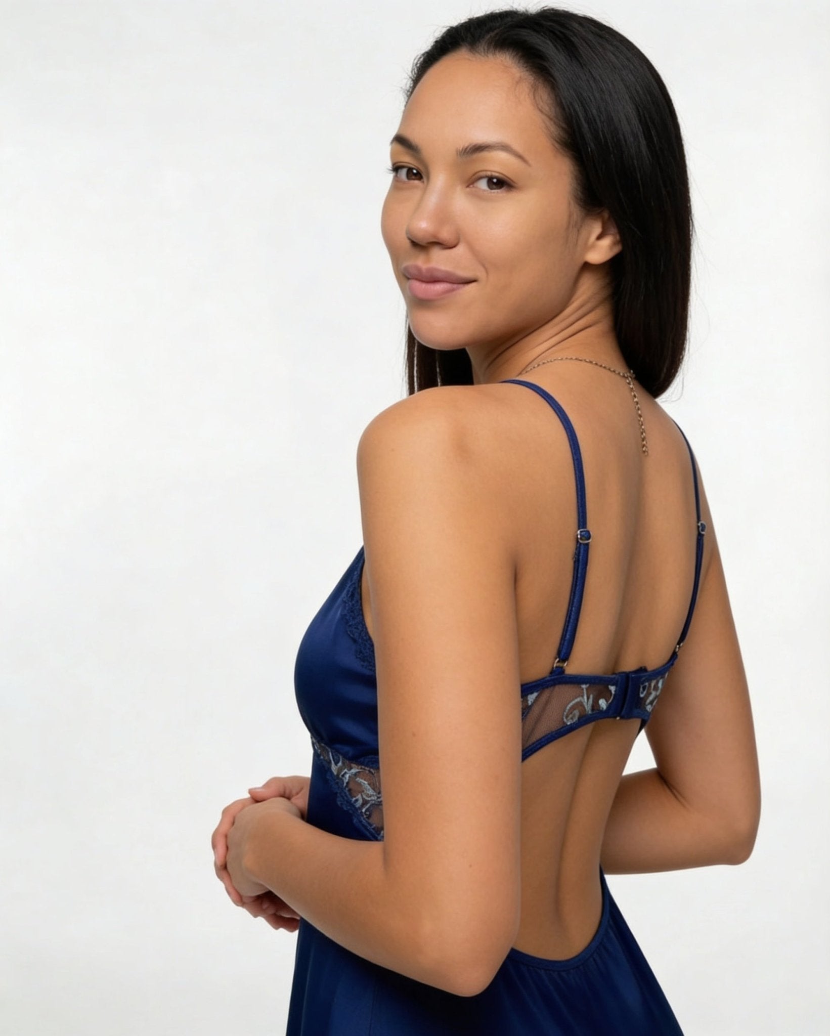 Navy Floral Embroidered Mesh Satin Chemise - MARELIA