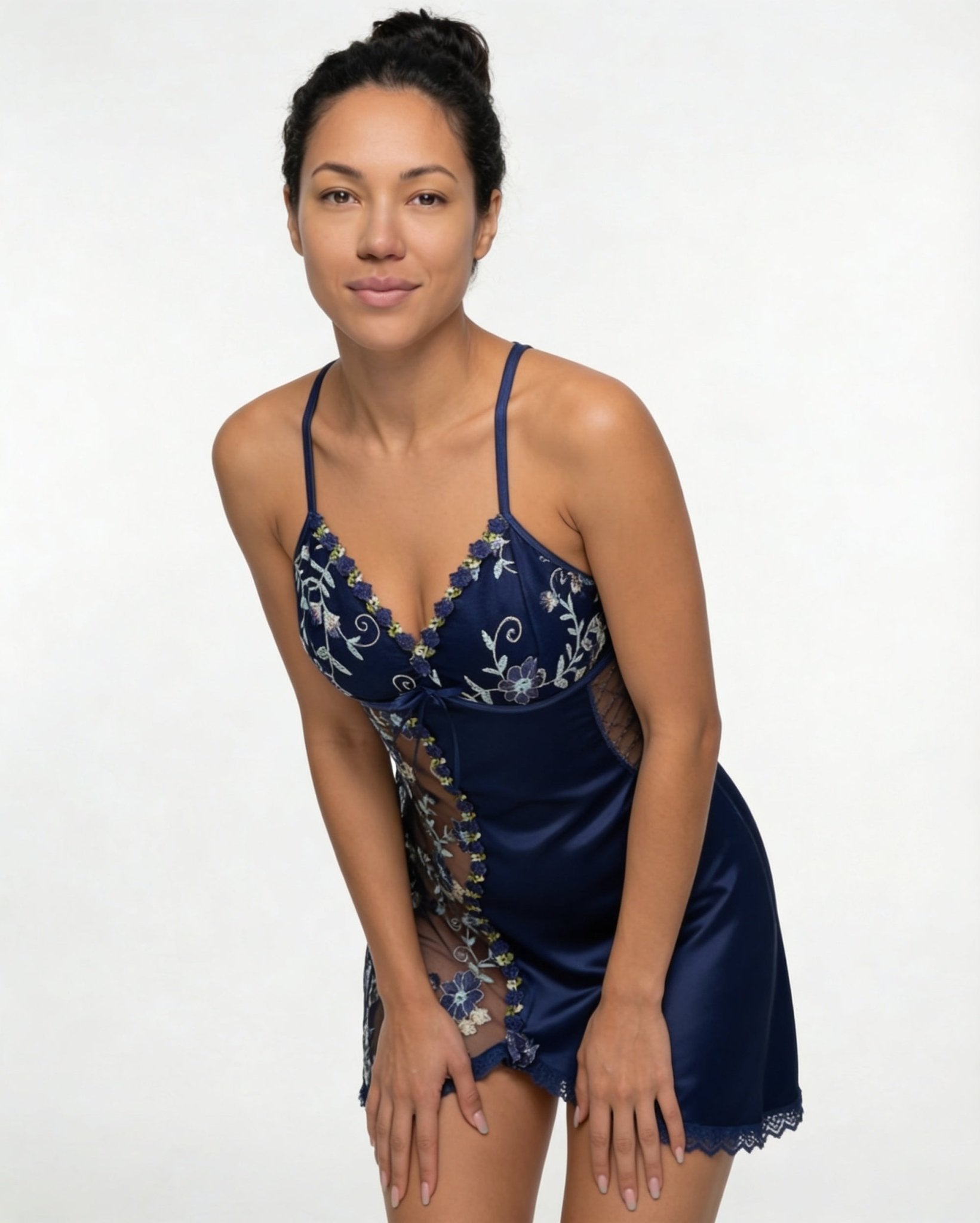 Navy Floral Embroidered Mesh Satin Chemise - MARELIA