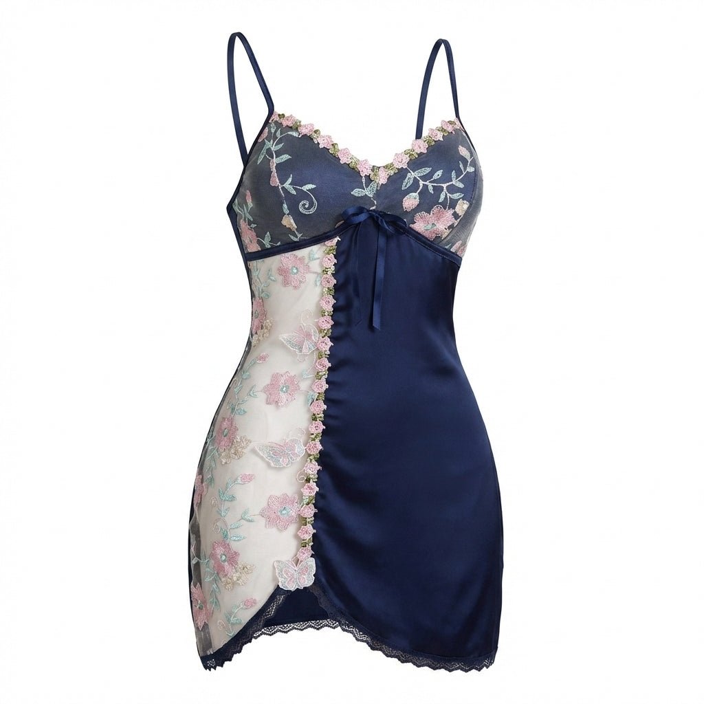 Navy Floral Embroidered Mesh Satin Chemise - MARELIA