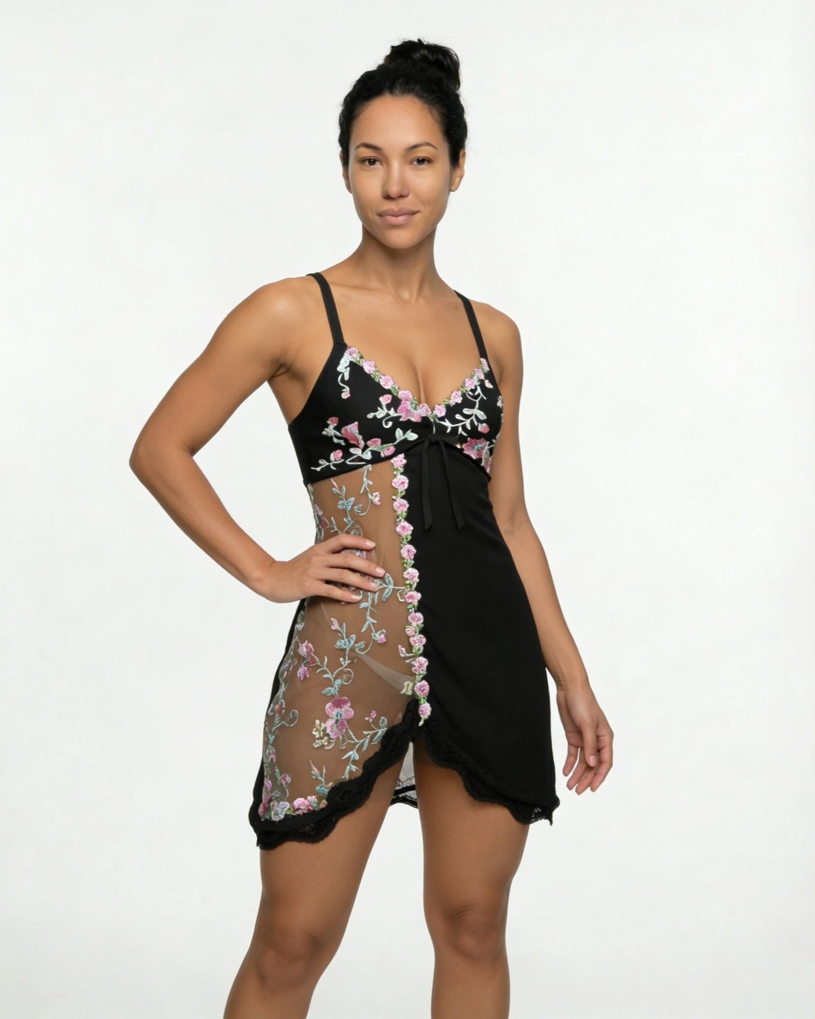 Black Floral Embroidered Mesh Satin Chemise - MARELIA