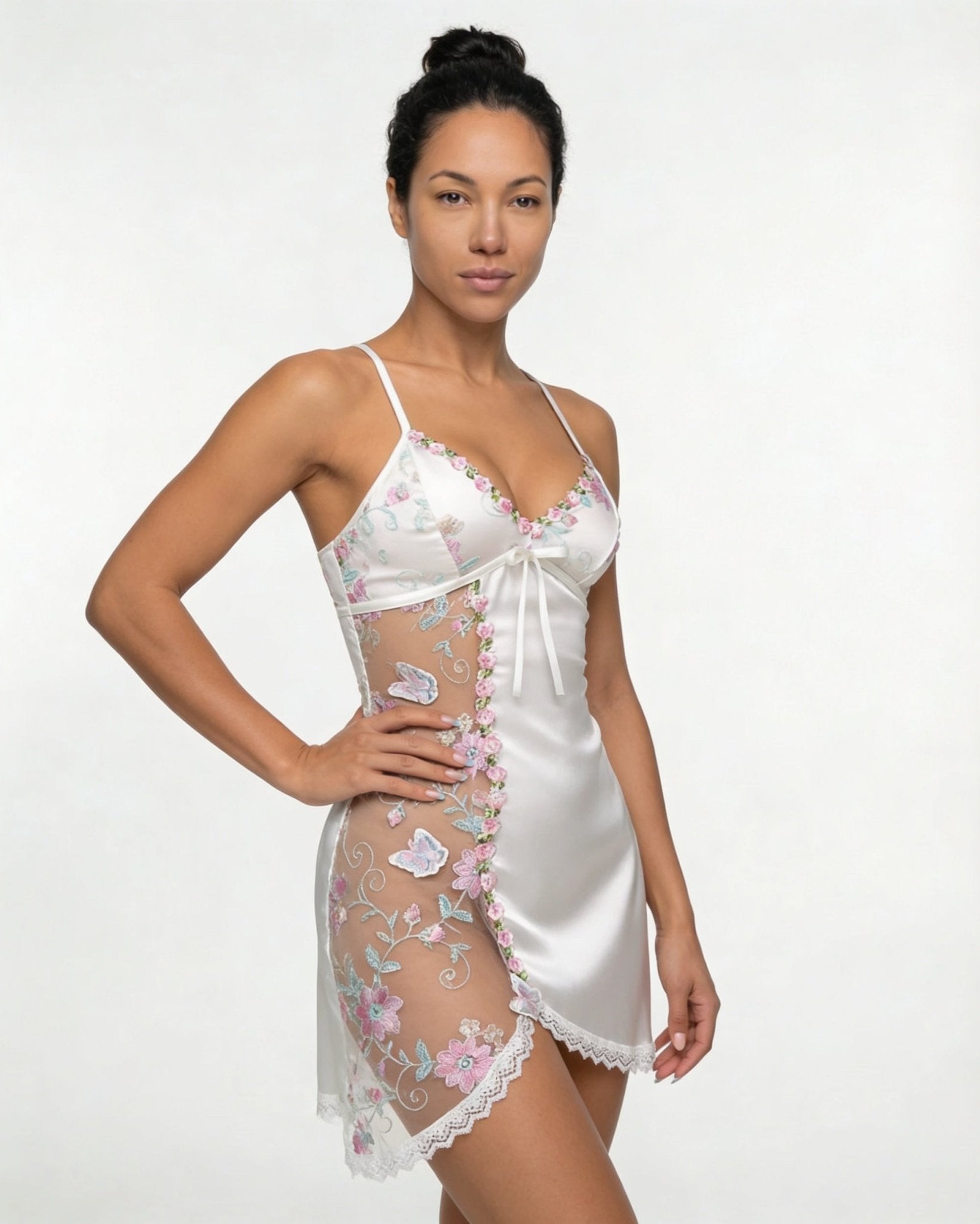 White Floral Embroidered Mesh Satin Chemise - MARELIA