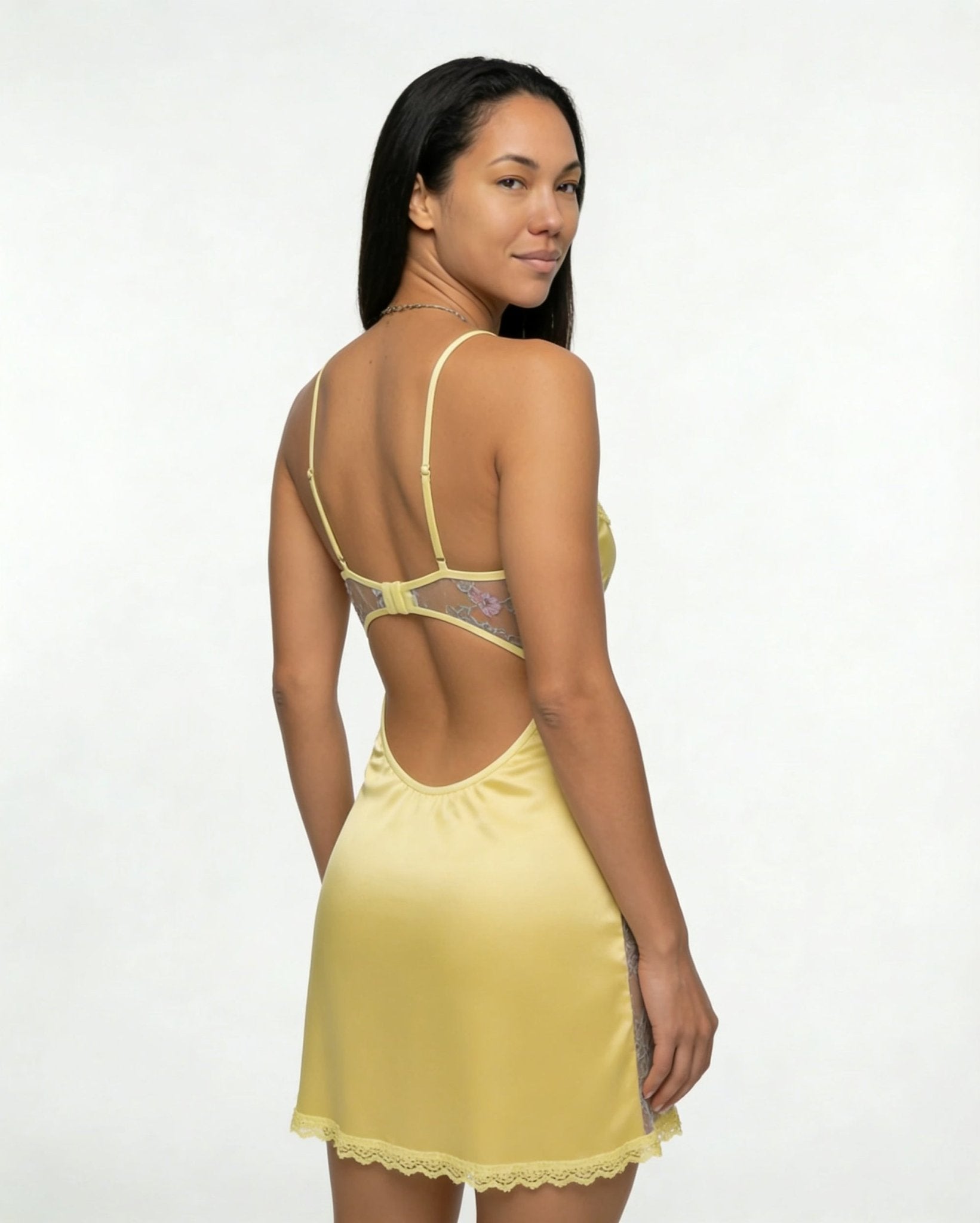 Yellow Floral Embroidered Mesh Satin Chemise - MARELIA