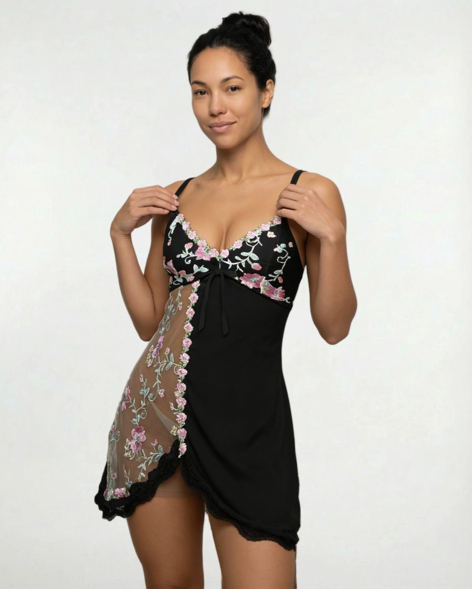 Black Floral Embroidered Mesh Satin Chemise - MARELIA