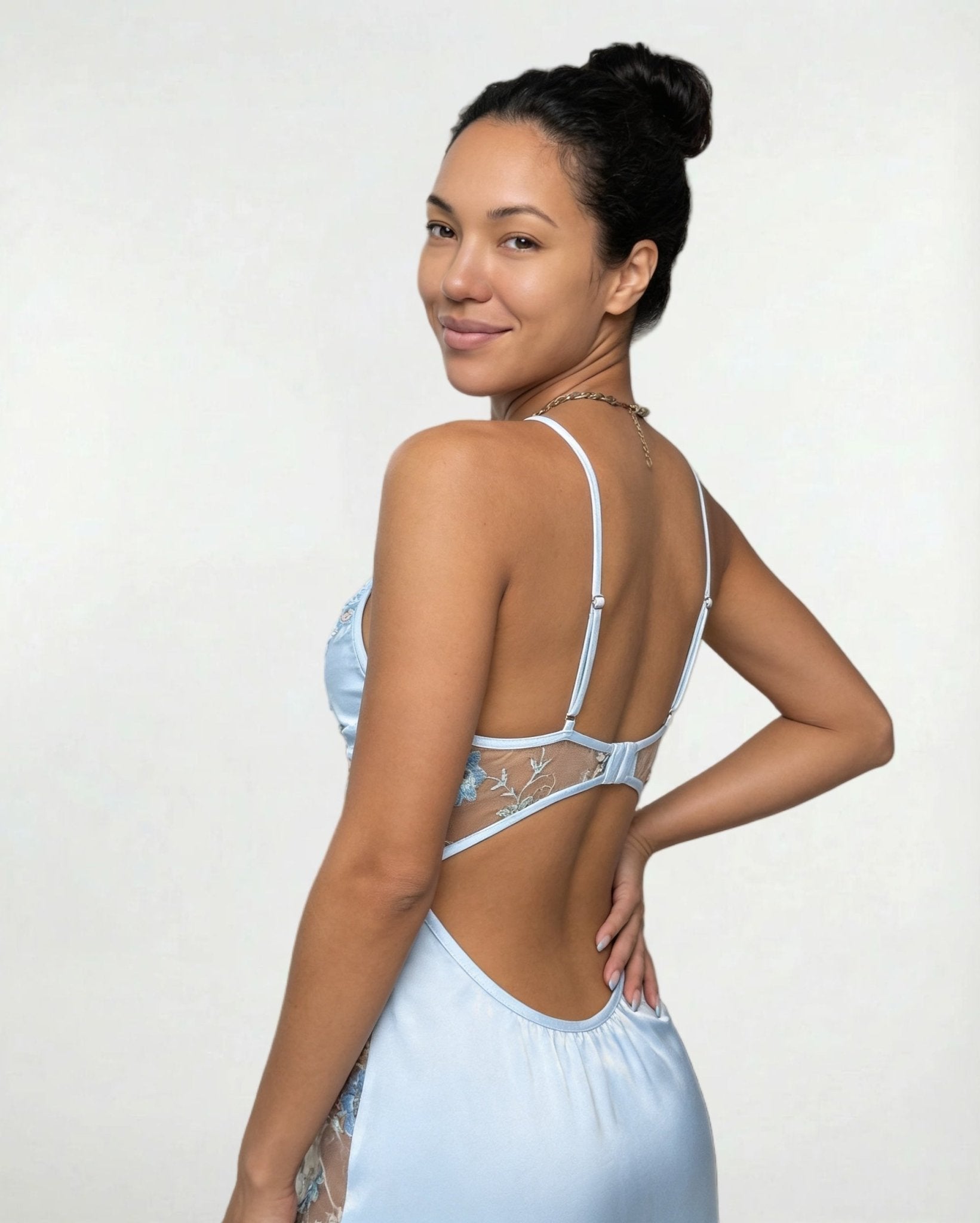 Baby Blue Floral Embroidered Mesh Satin Chemise - MARELIA