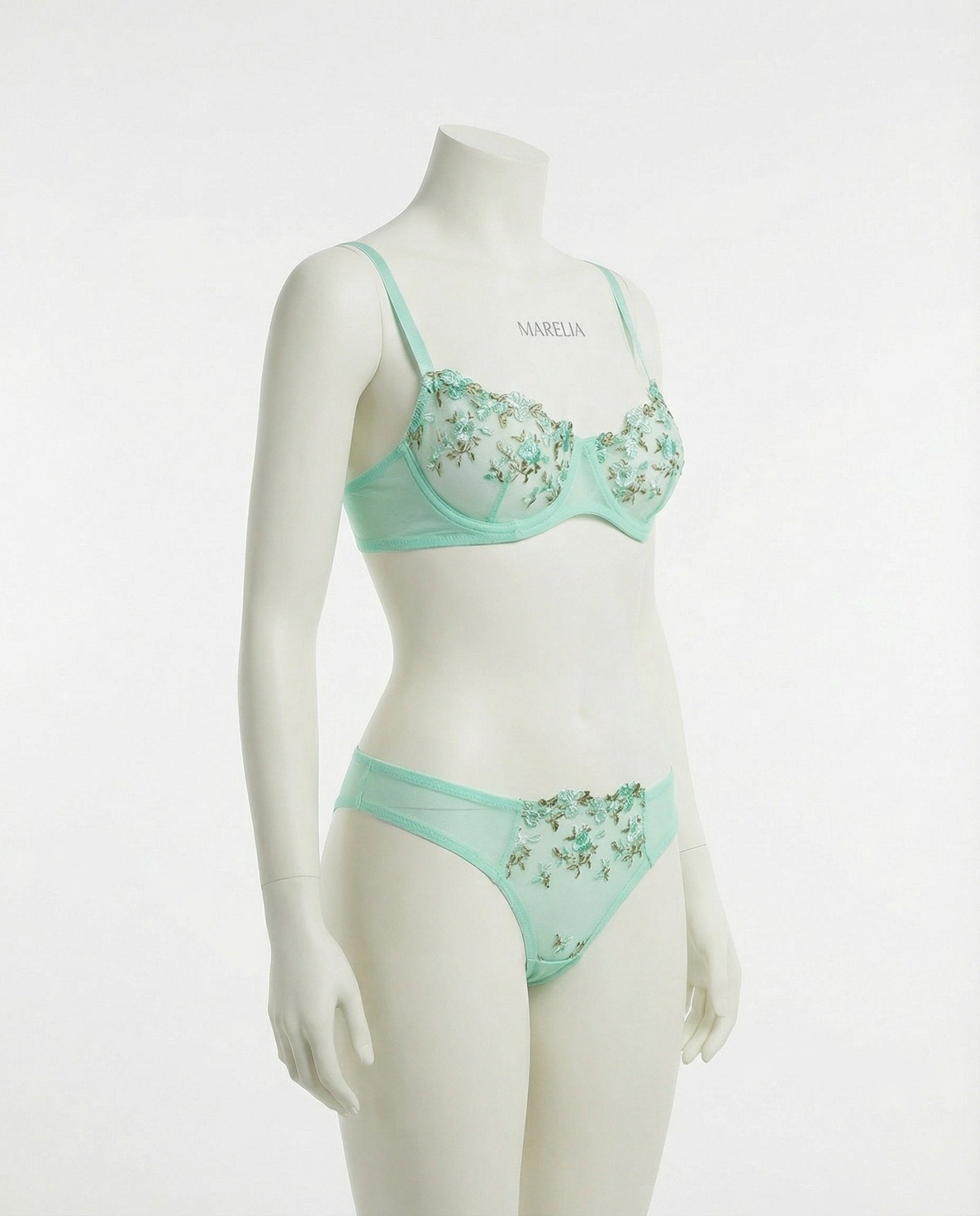 Mint Green Floral Embroidery Underwire Bra And Thong Set - Marelia