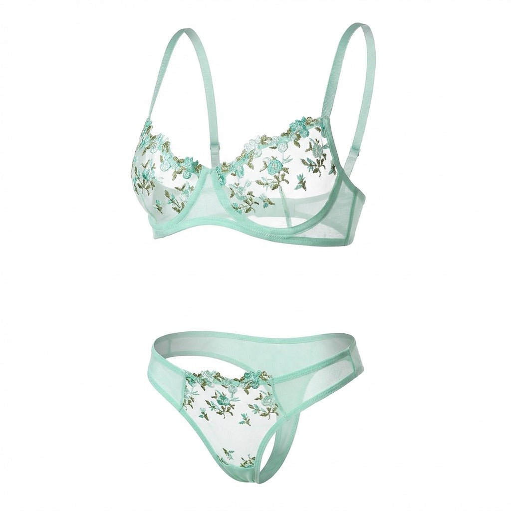 Mint Green Floral Embroidery Underwire Bra And Thong Set - Marelia