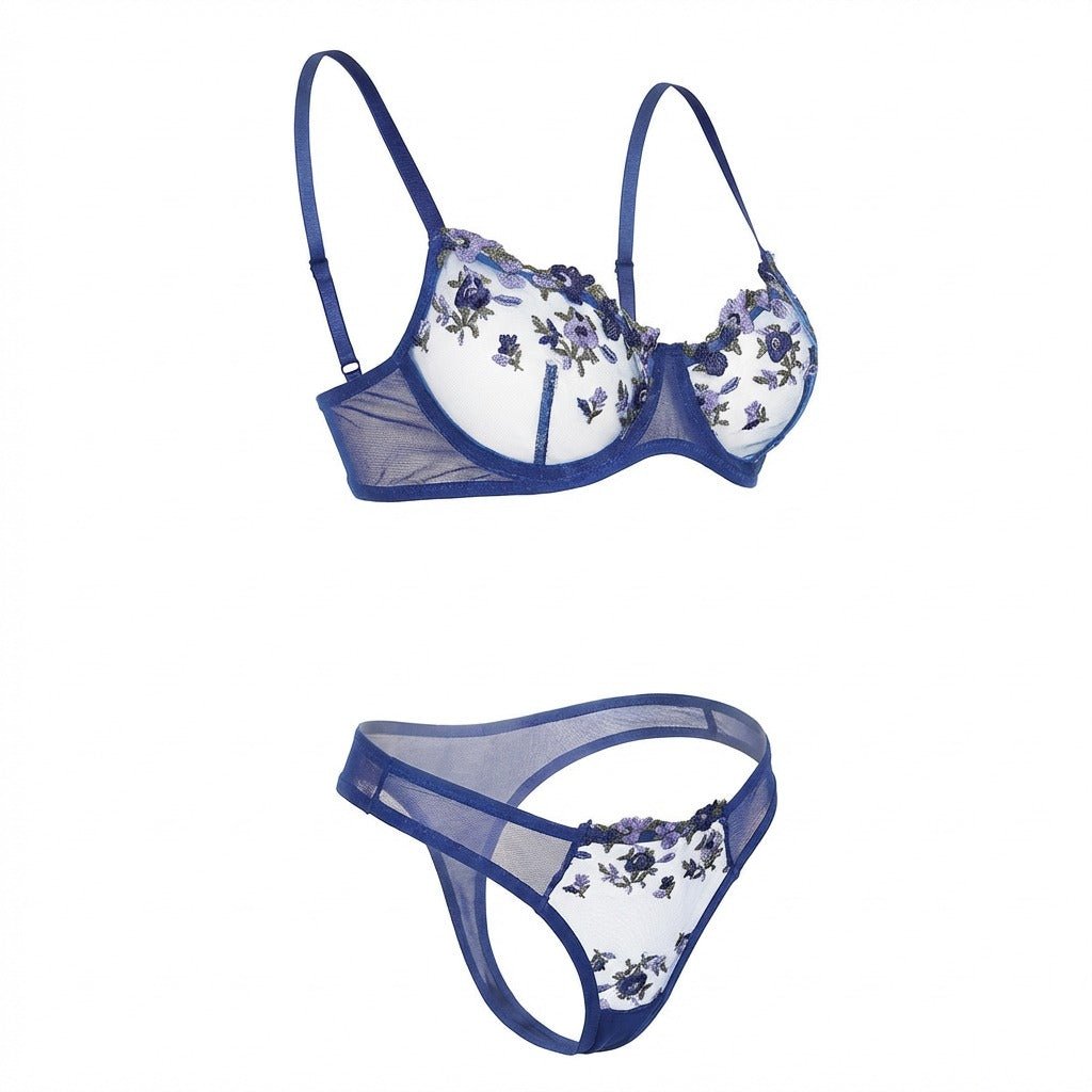 Navy Floral Embroidery Underwire Bra And Thong Set - Marelia