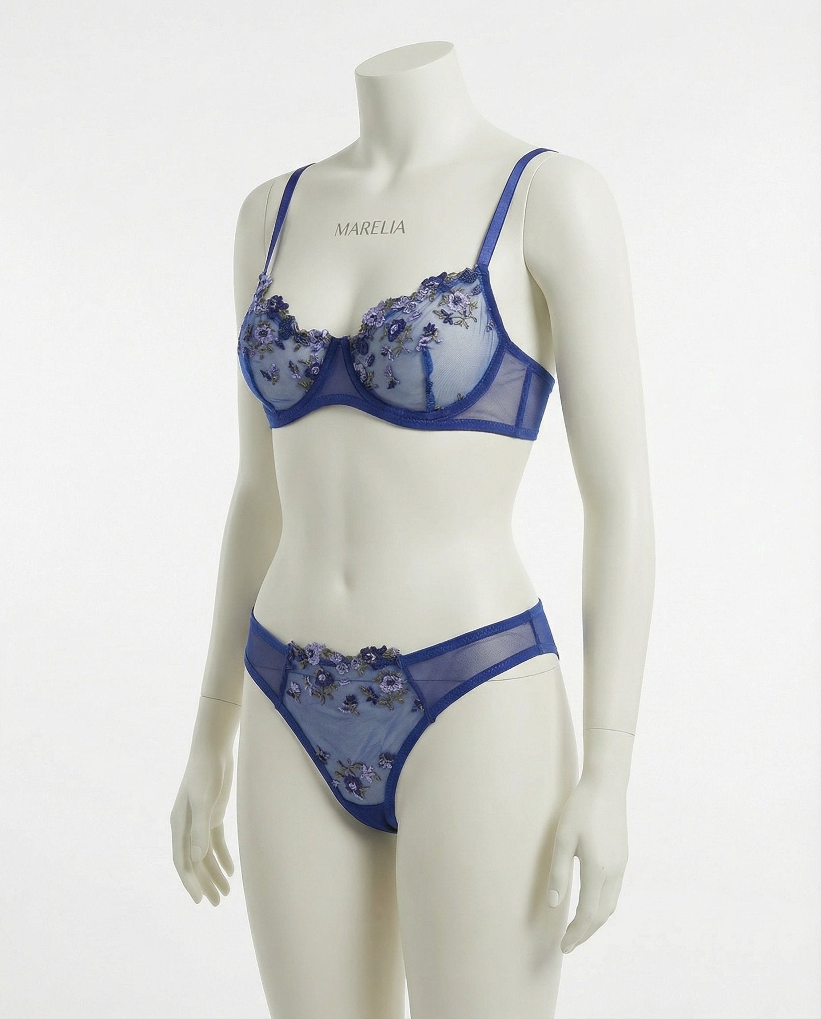 Navy Floral Embroidery Underwire Bra And Thong Set - Marelia
