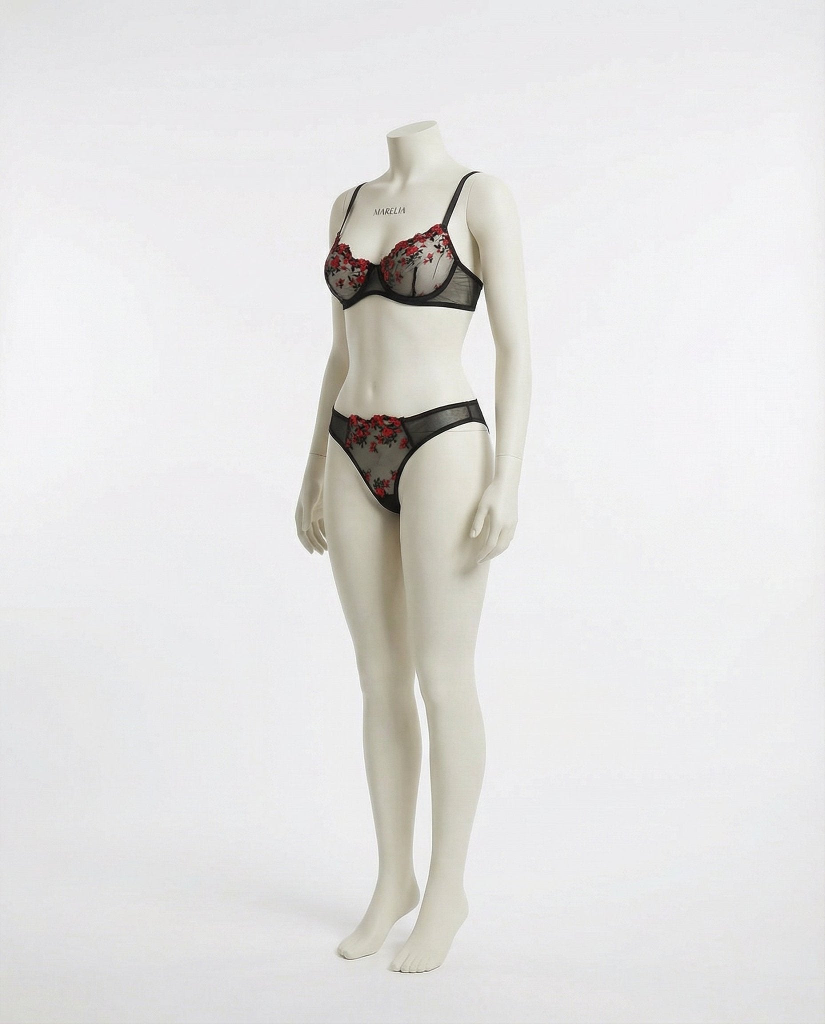 Black Floral Embroidery Underwire Bra And Thong Set - Marelia