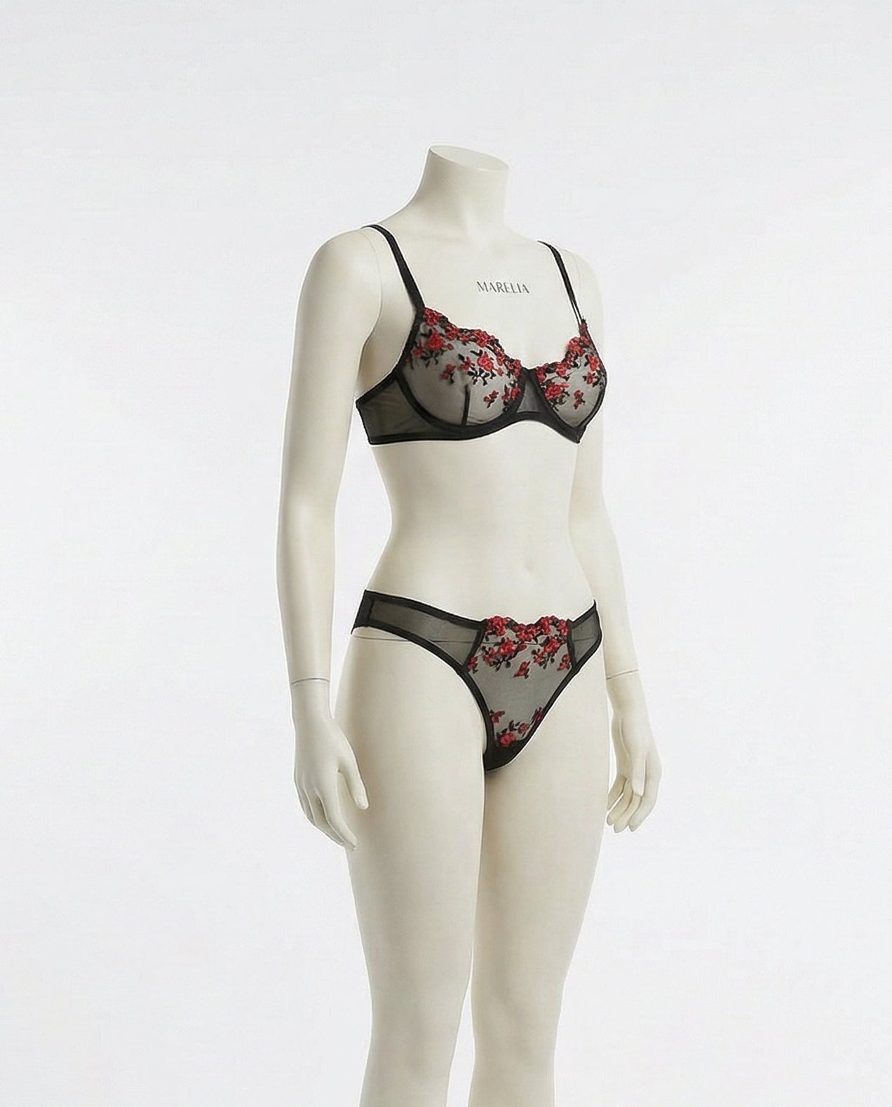 Black Floral Embroidery Underwire Bra And Thong Set - Marelia