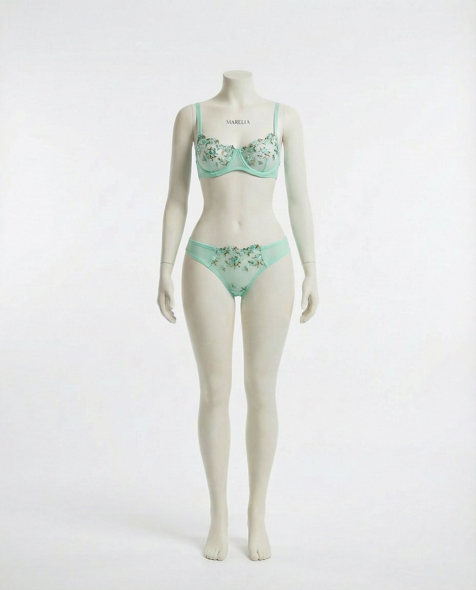 Mint Green Floral Embroidery Underwire Bra And Thong Set - Marelia