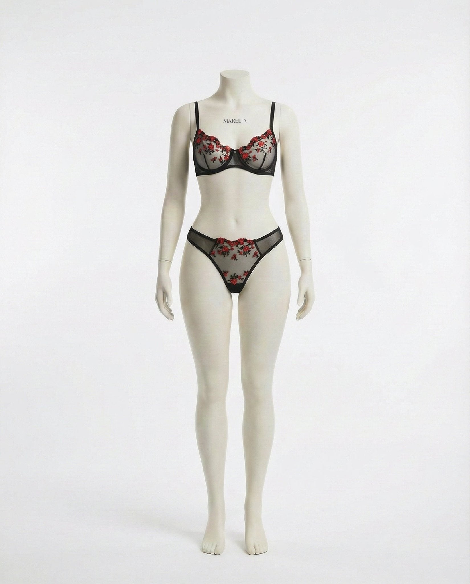 Black Floral Embroidery Underwire Bra And Thong Set - Marelia