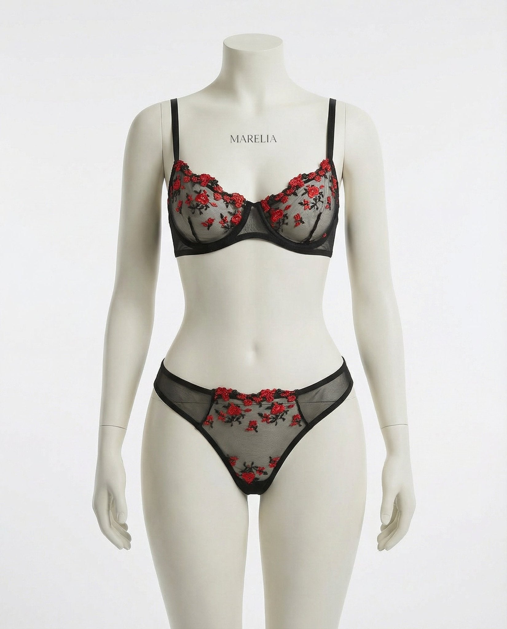 Black Floral Embroidery Underwire Bra And Thong Set - Marelia