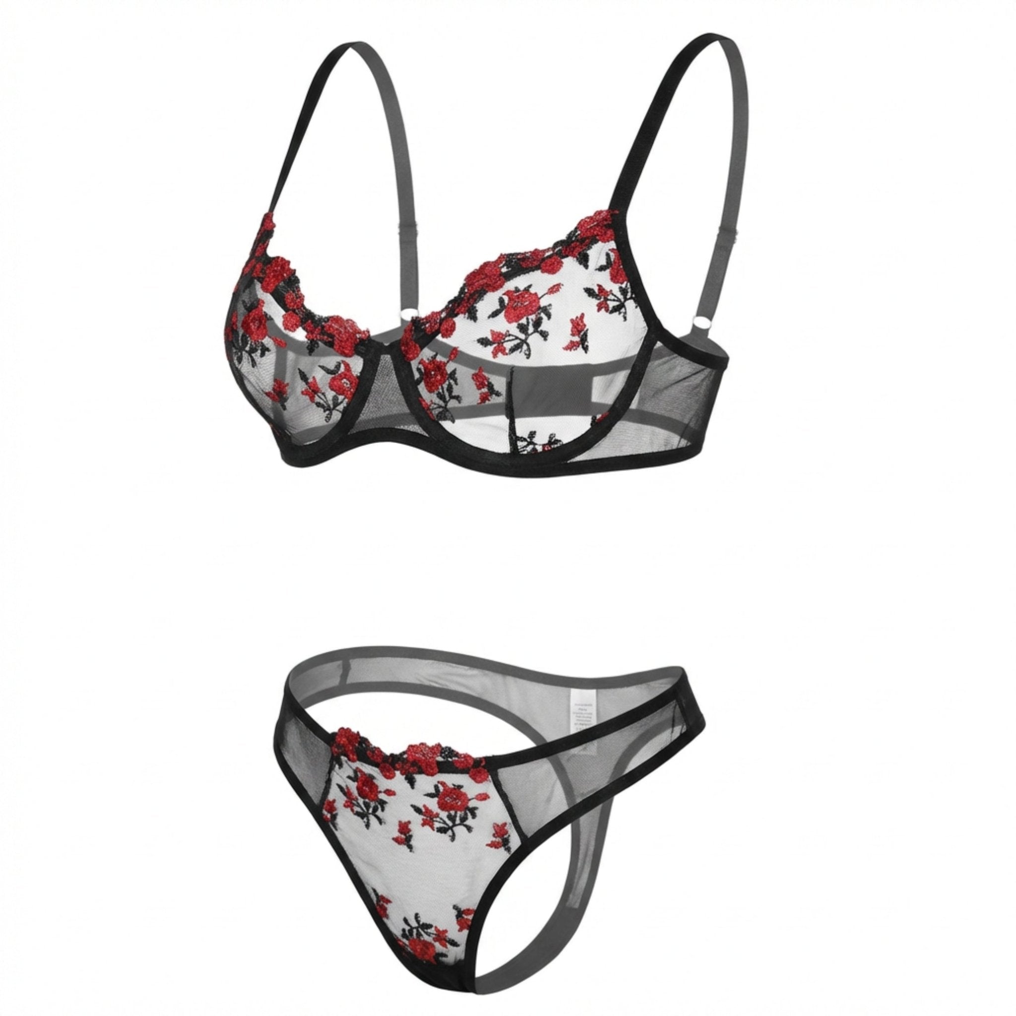 Black Floral Embroidery Underwire Bra And Thong Set - Marelia