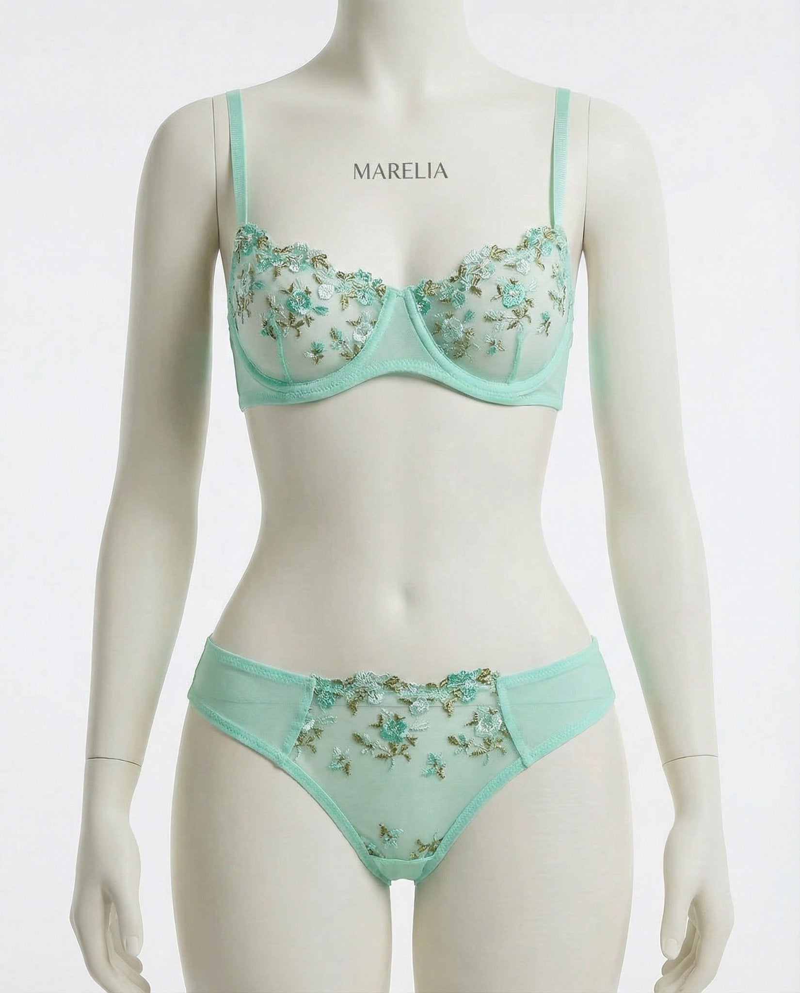 Mint Green Floral Embroidery Underwire Bra And Thong Set - Marelia
