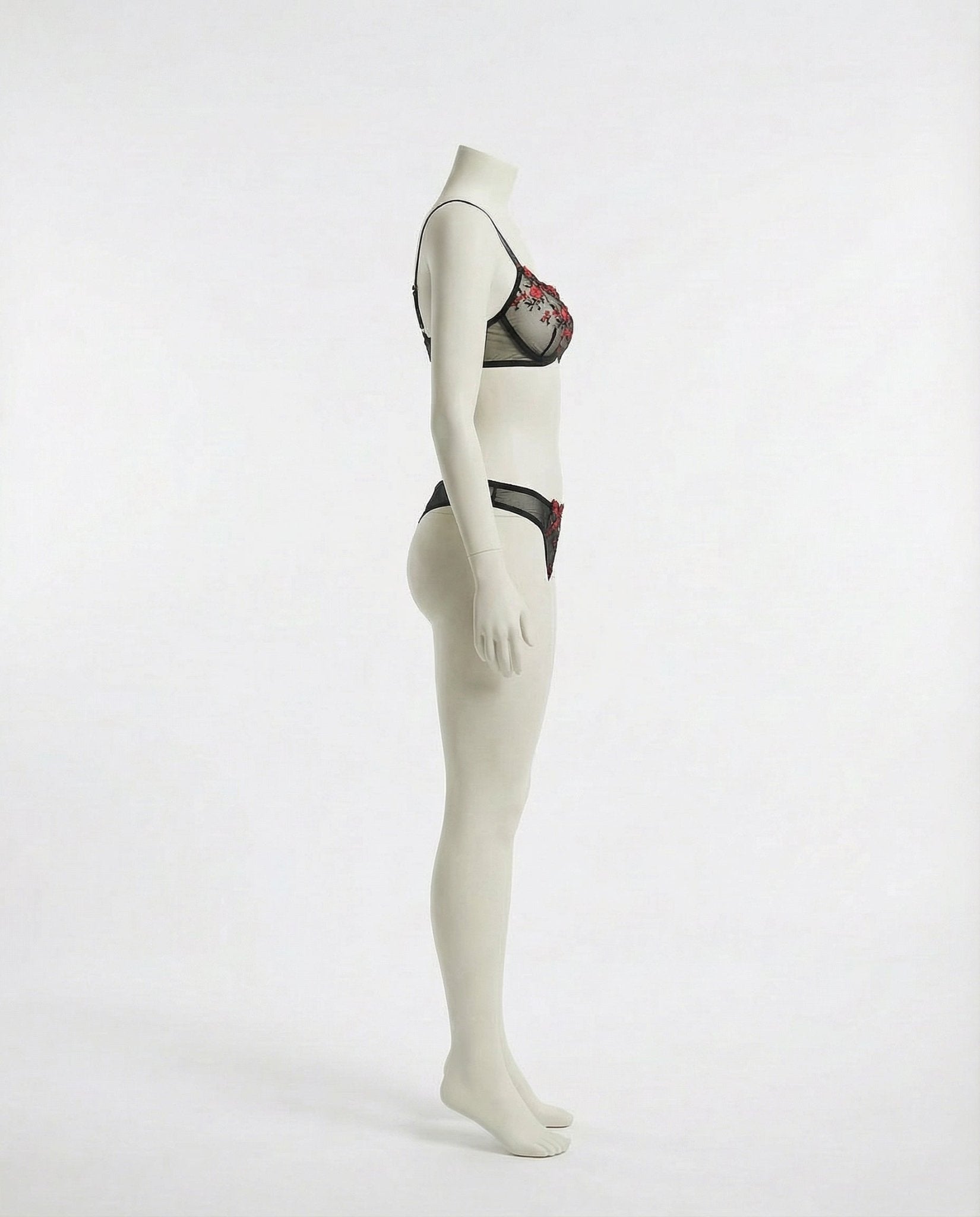 Black Floral Embroidery Underwire Bra And Thong Set - Marelia