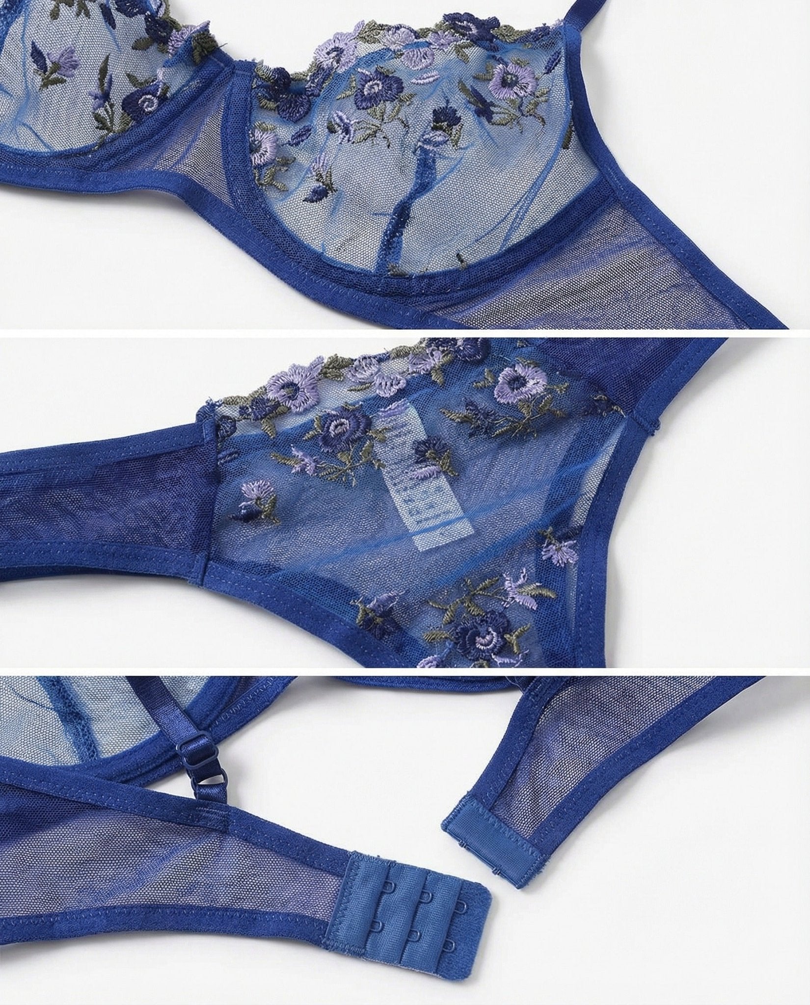 Navy Floral Embroidery Underwire Bra And Thong Set - Marelia