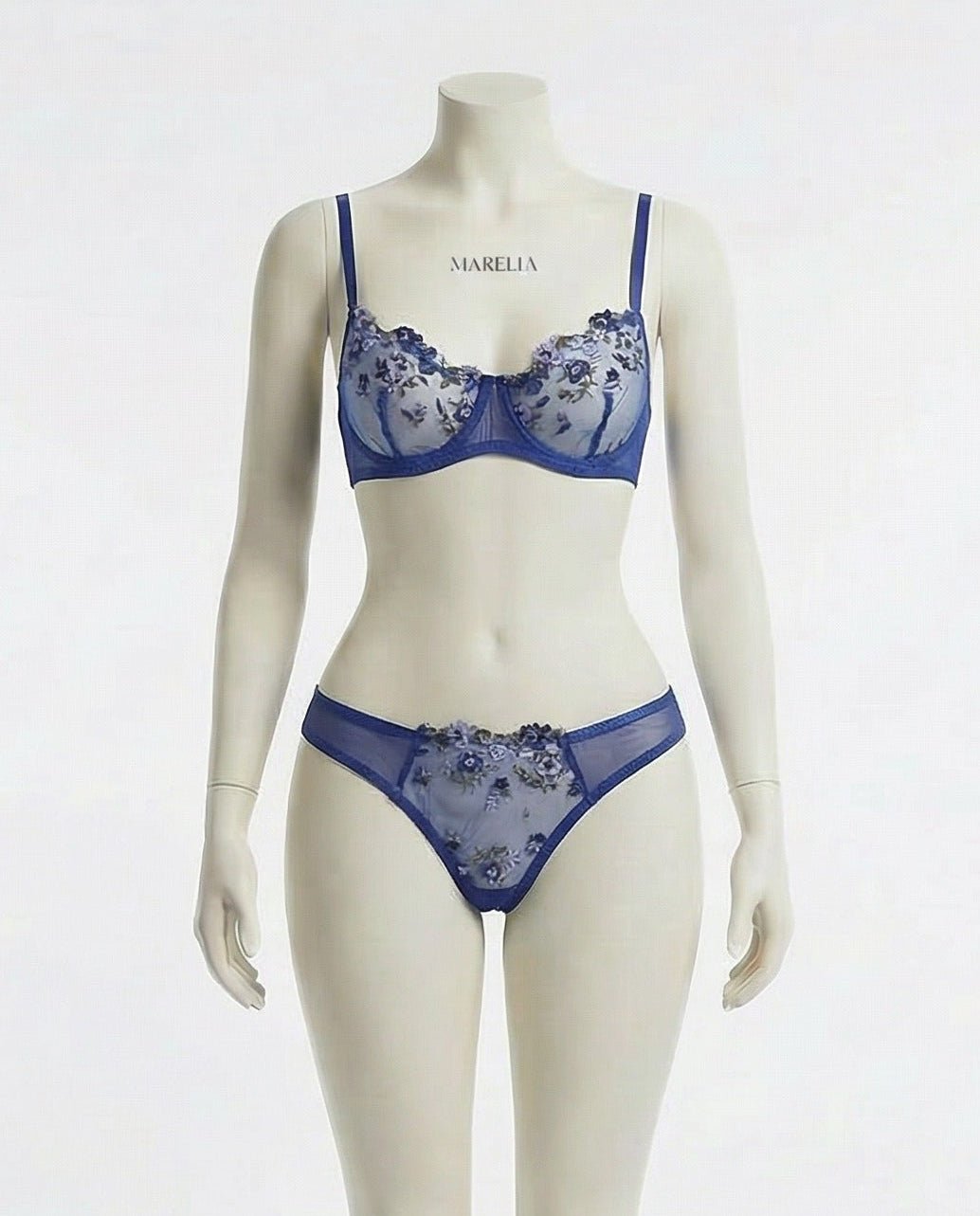 Navy Floral Embroidery Underwire Bra And Thong Set - Marelia