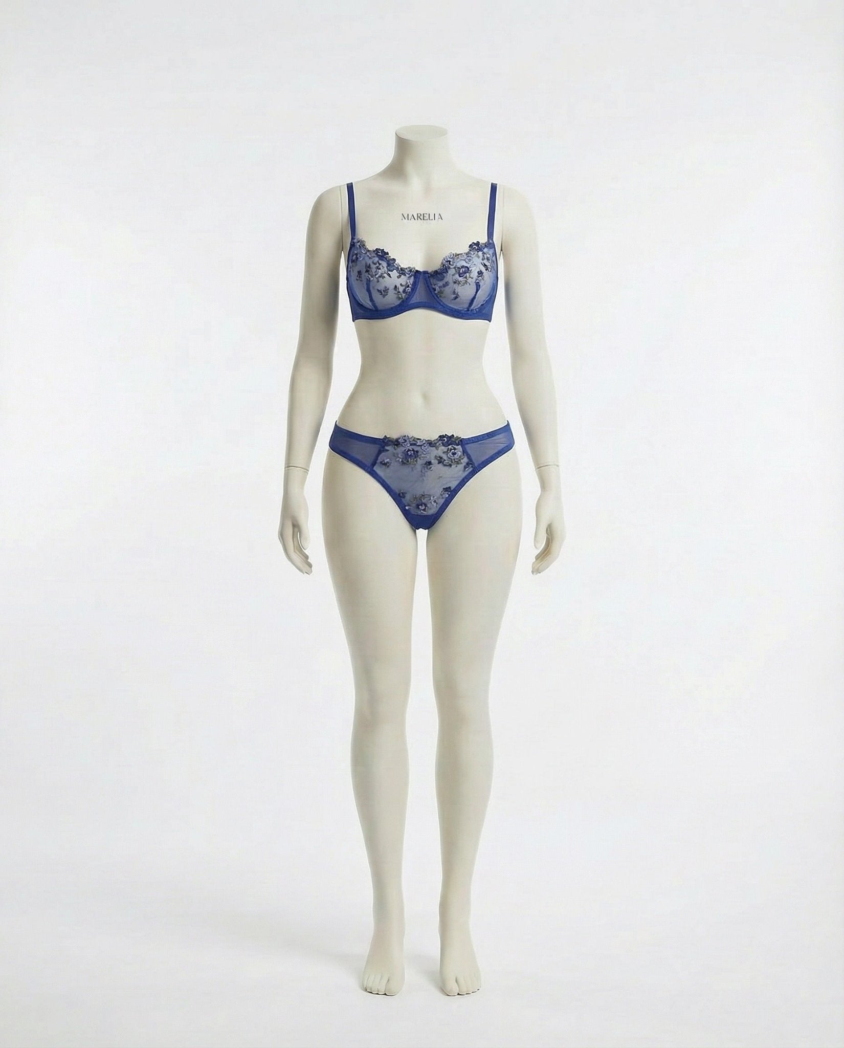 Navy Floral Embroidery Underwire Bra And Thong Set - Marelia