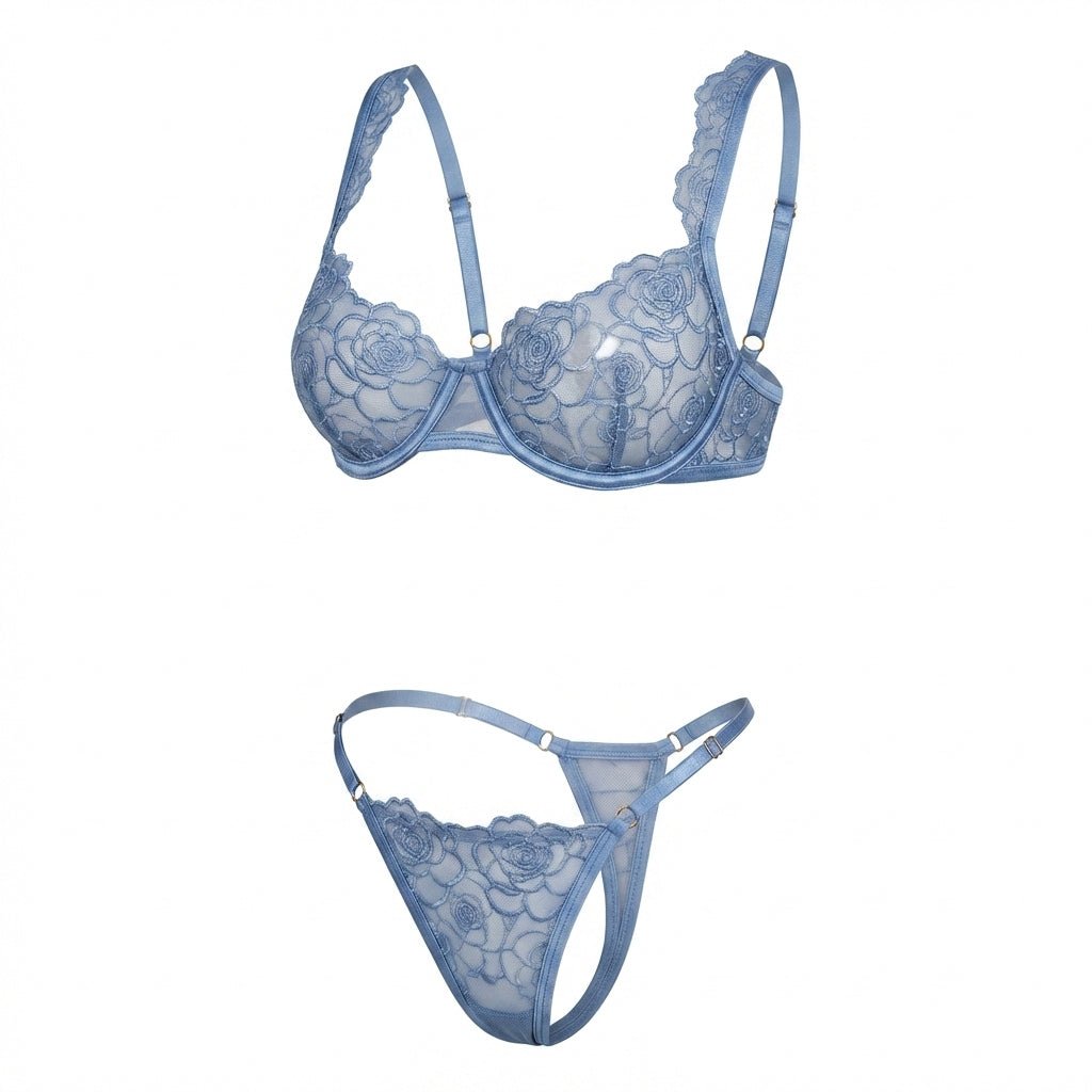 Baby Blue Floral Lace Balconette Bra and Thong Set - MARELIA