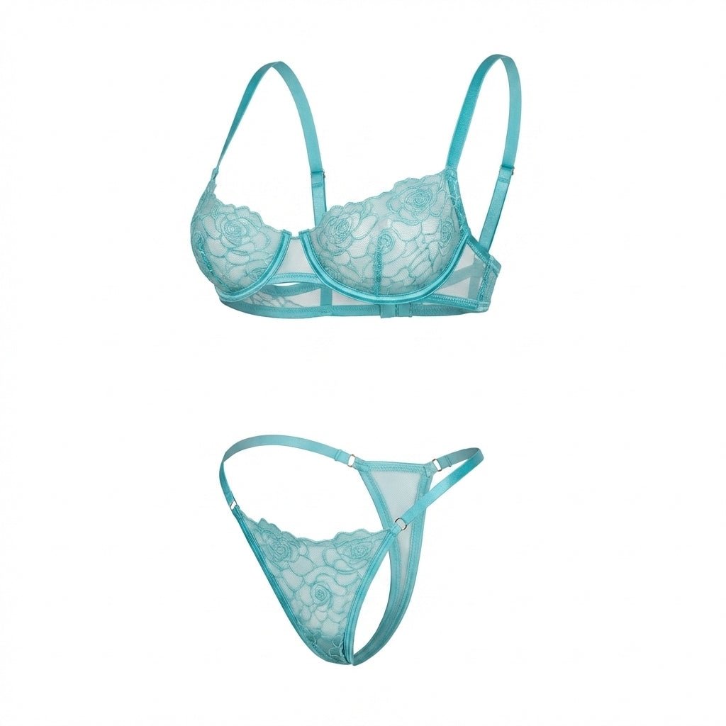 Turquoise Floral Lace Balconette Bra and Thong Set - MARELIA