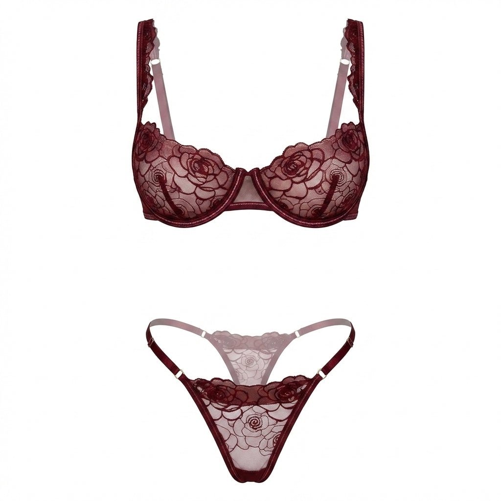 Burgundy Floral Lace Balconette Bra and Thong Set - MARELIA