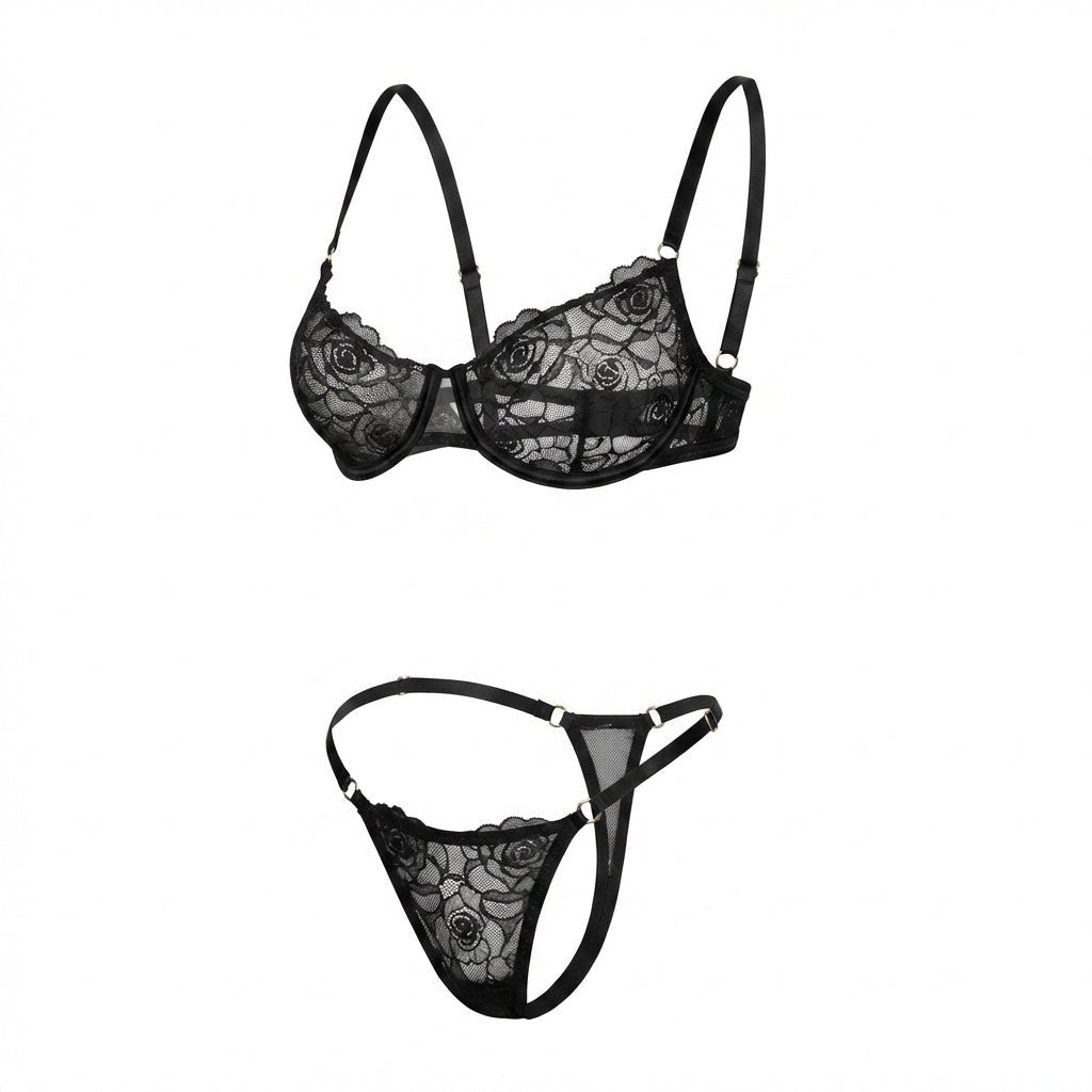 Black Floral Lace Balconette Bra and Thong Set - MARELIA