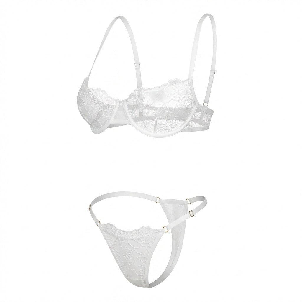 White Floral Lace Balconette Bra and Thong Set - MARELIA