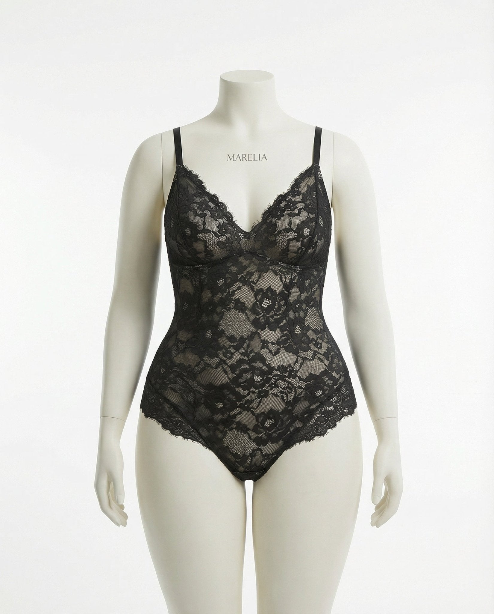 Black Floral Lace Bodysuit With Deep V-Neckline - Marelia