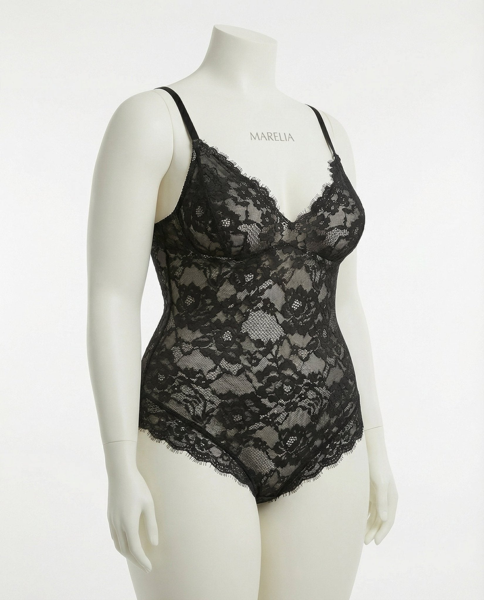 Black Floral Lace Bodysuit With Deep V-Neckline - Marelia