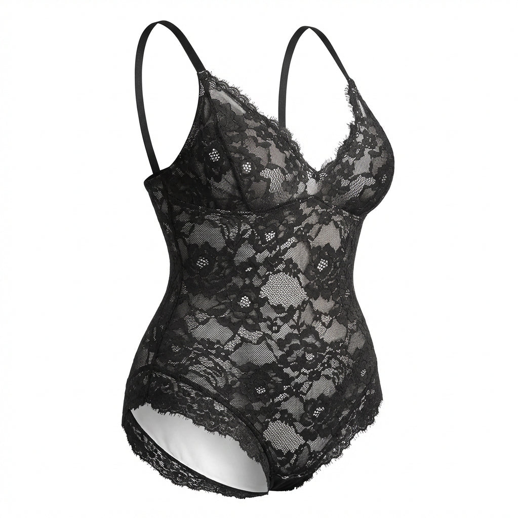 Black Floral Lace Bodysuit With Deep V-Neckline - Marelia