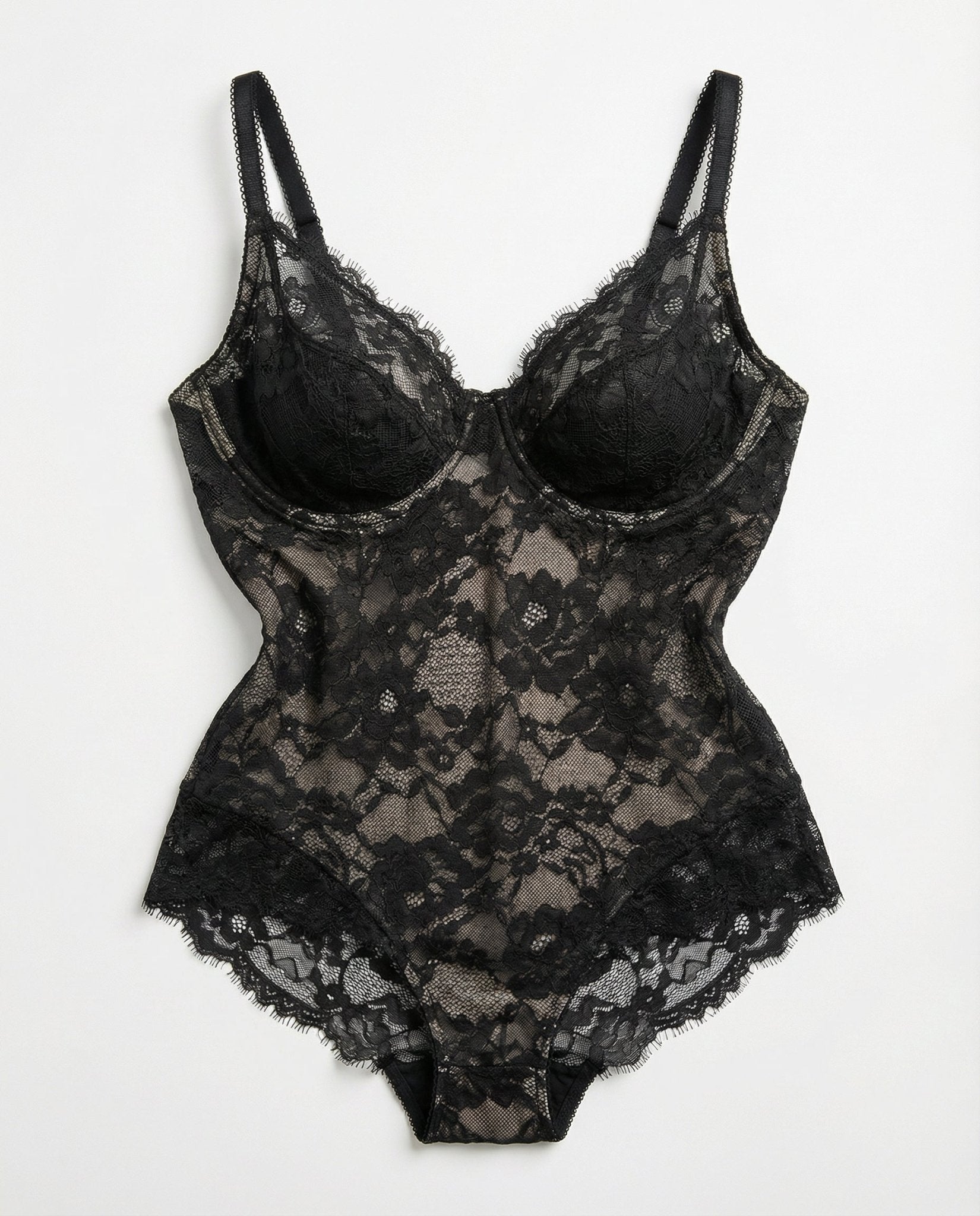 Black Floral Lace Bodysuit With Deep V-Neckline - Marelia
