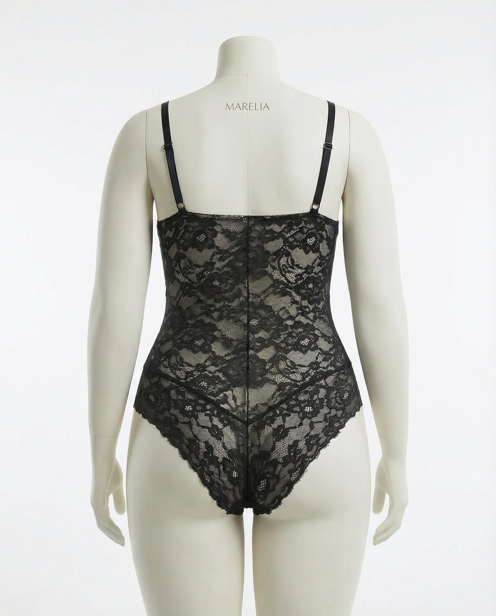 Black Floral Lace Bodysuit With Deep V-Neckline - Marelia