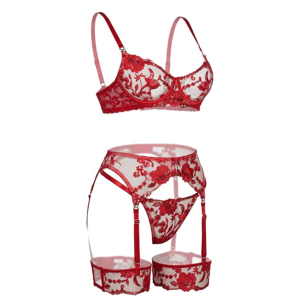 Red Floral Lace Bra Brief And Suspender Belt Set - Marelia
