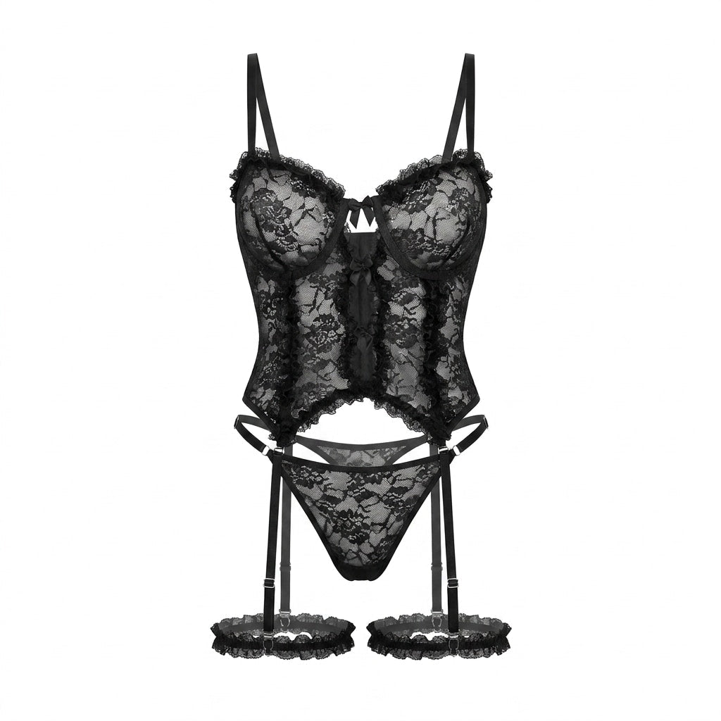 Black Floral Lace Bustier Corset Thong Leg Garter Set - MARELIA