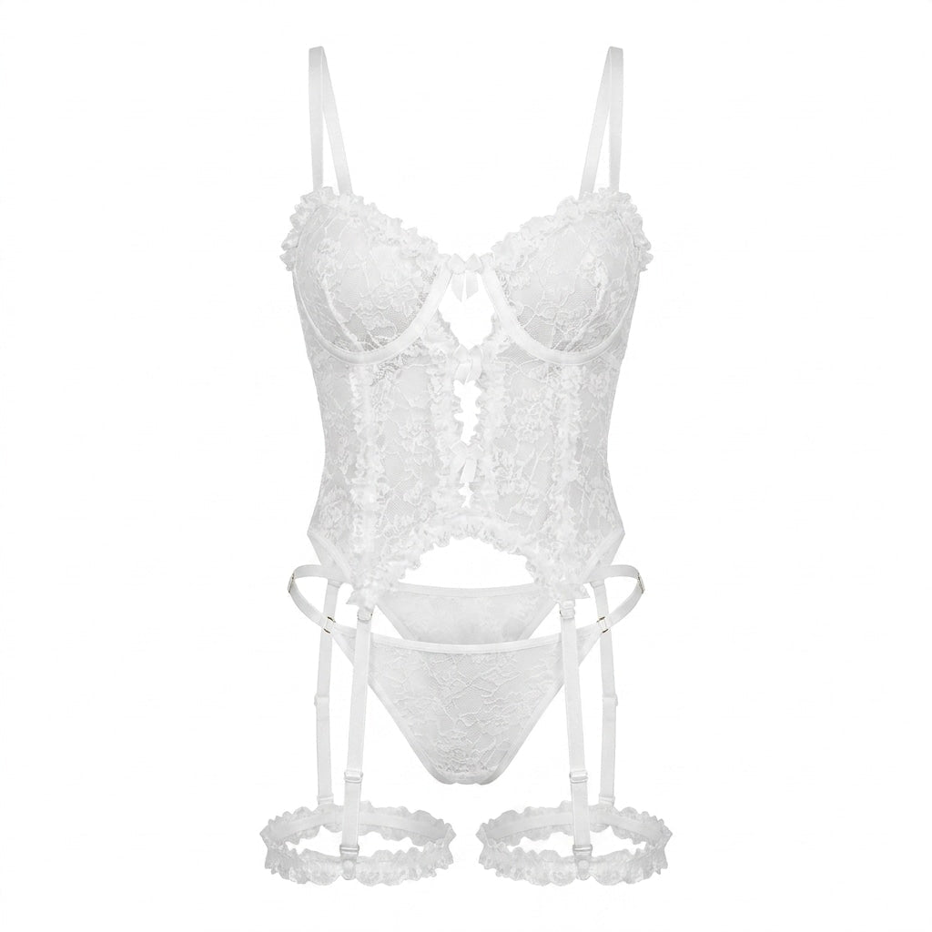 White Floral Lace Bustier Corset Thong Leg Garter Set - MARELIA