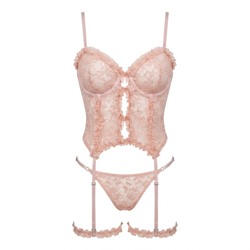 Peach Floral Lace Bustier Corset Thong Leg Garter Set - MARELIA