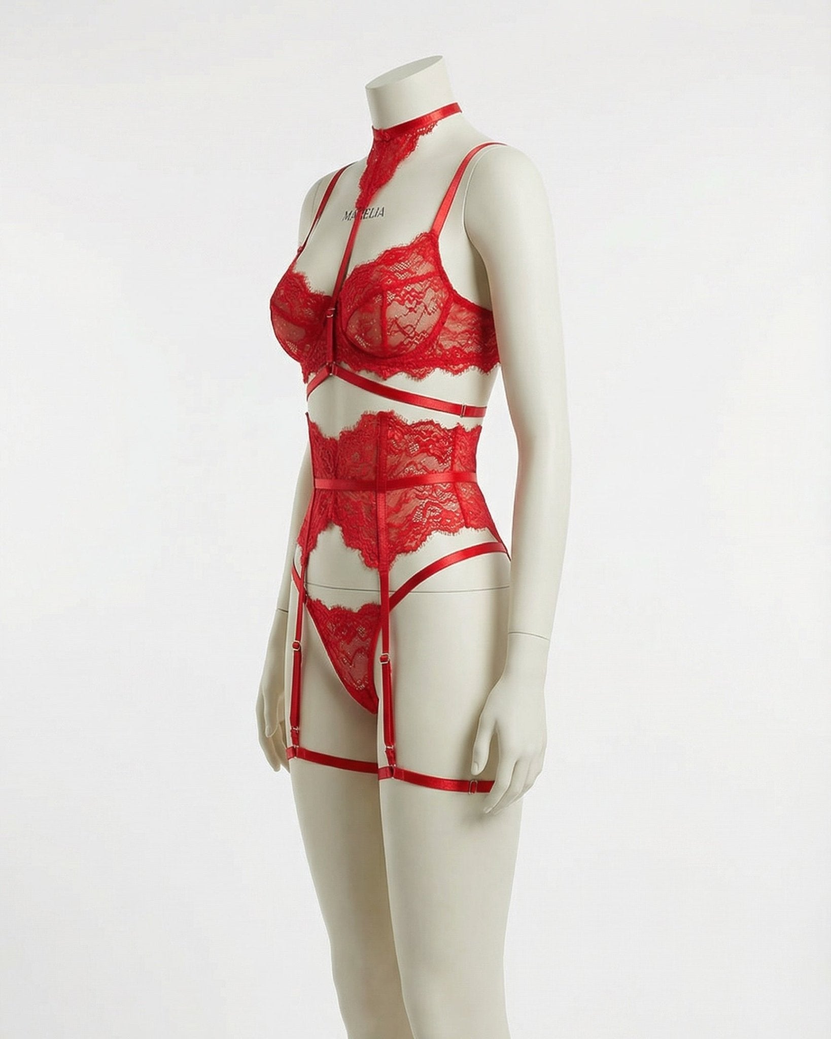 Red Floral Lace Corset Four Piece Set - MARELIA