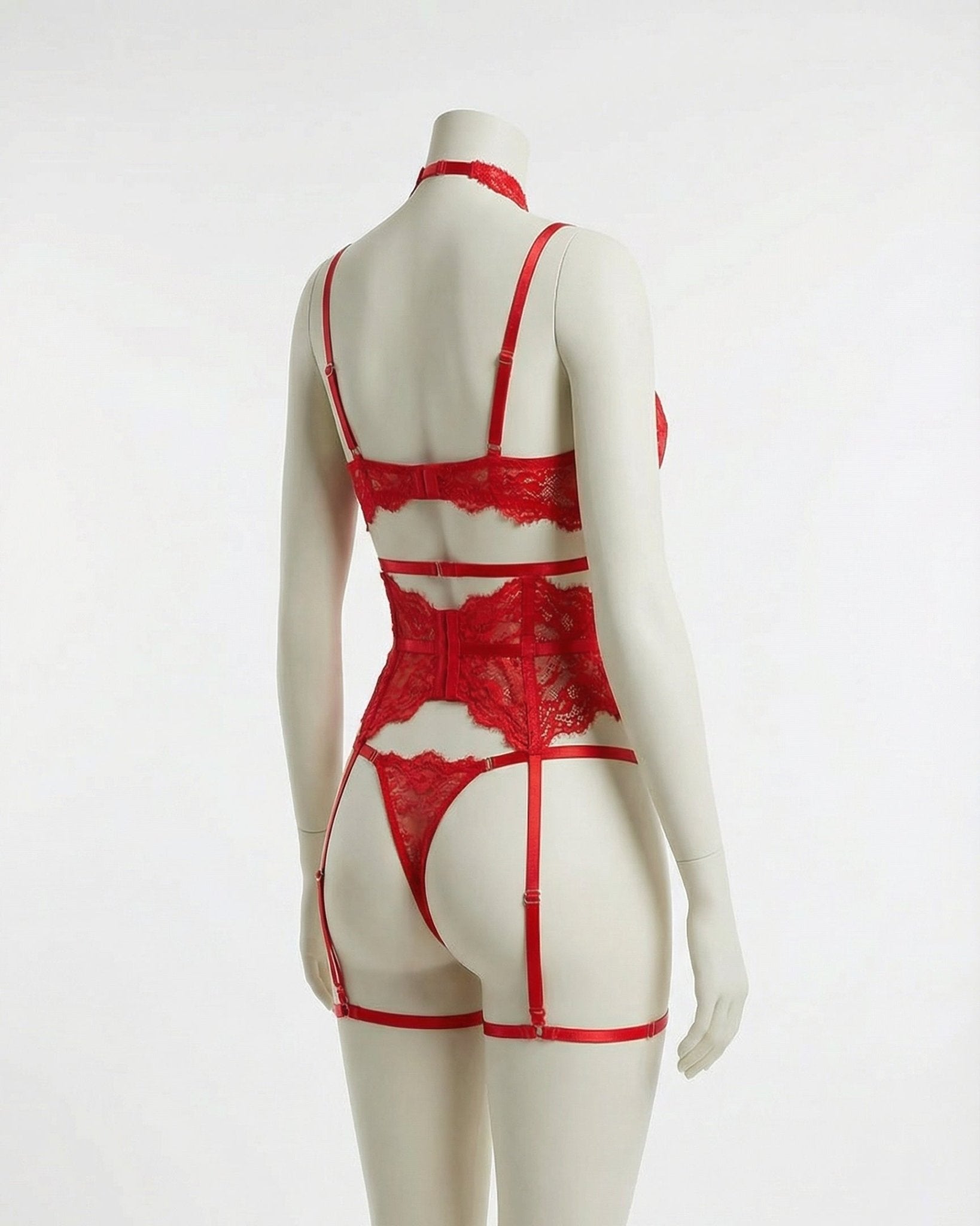 Red Floral Lace Corset Four Piece Set - MARELIA