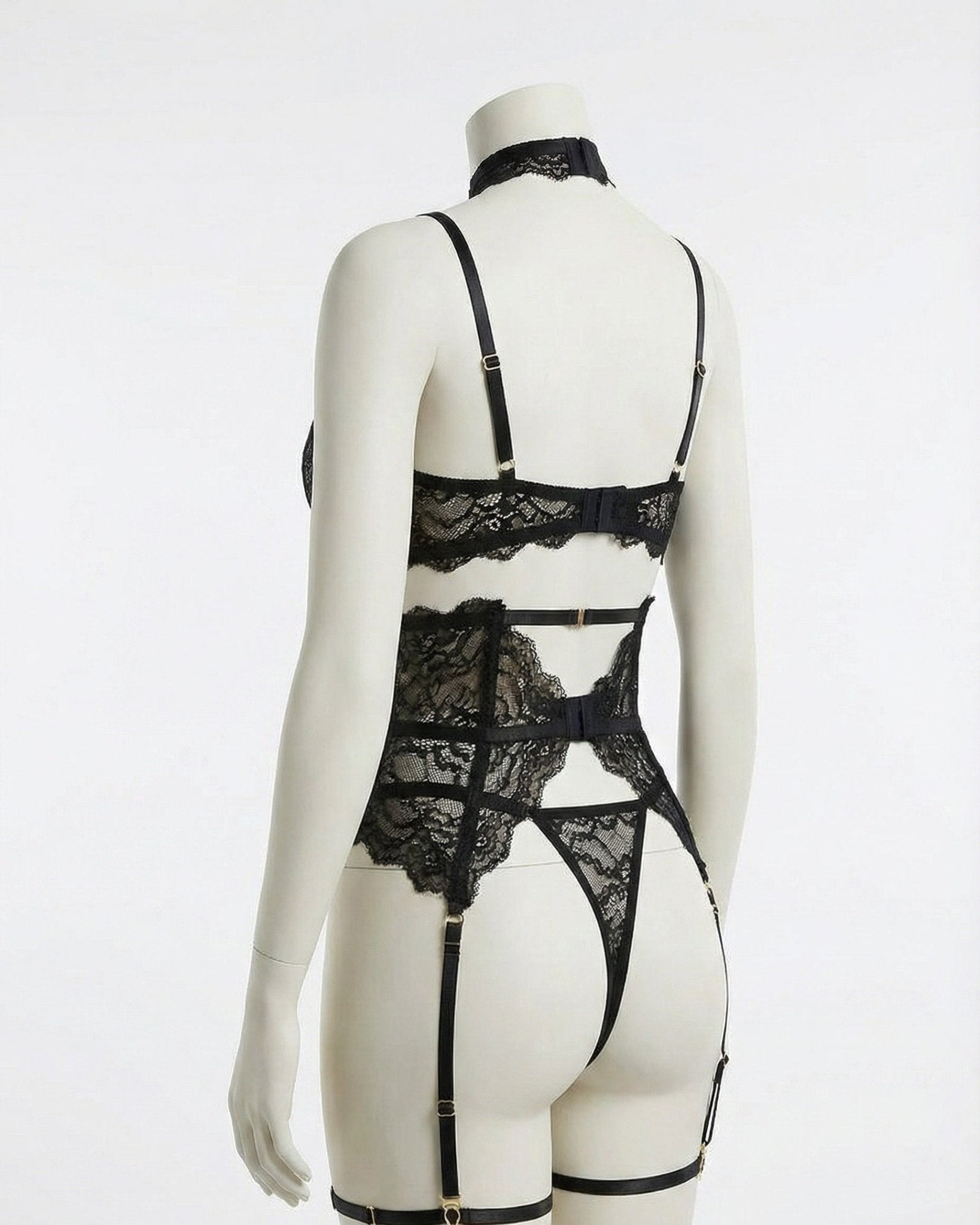 Black Floral Lace Corset Four Piece Set - MARELIA