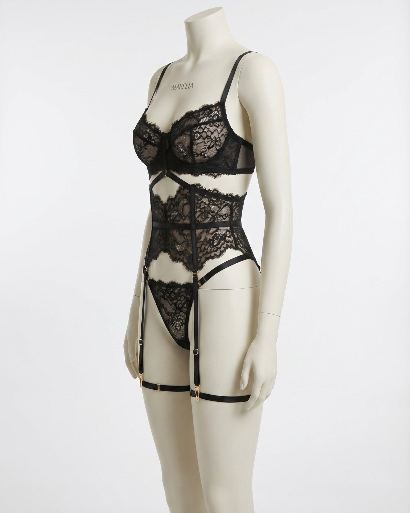 Black Floral Lace Corset Four Piece Set - MARELIA