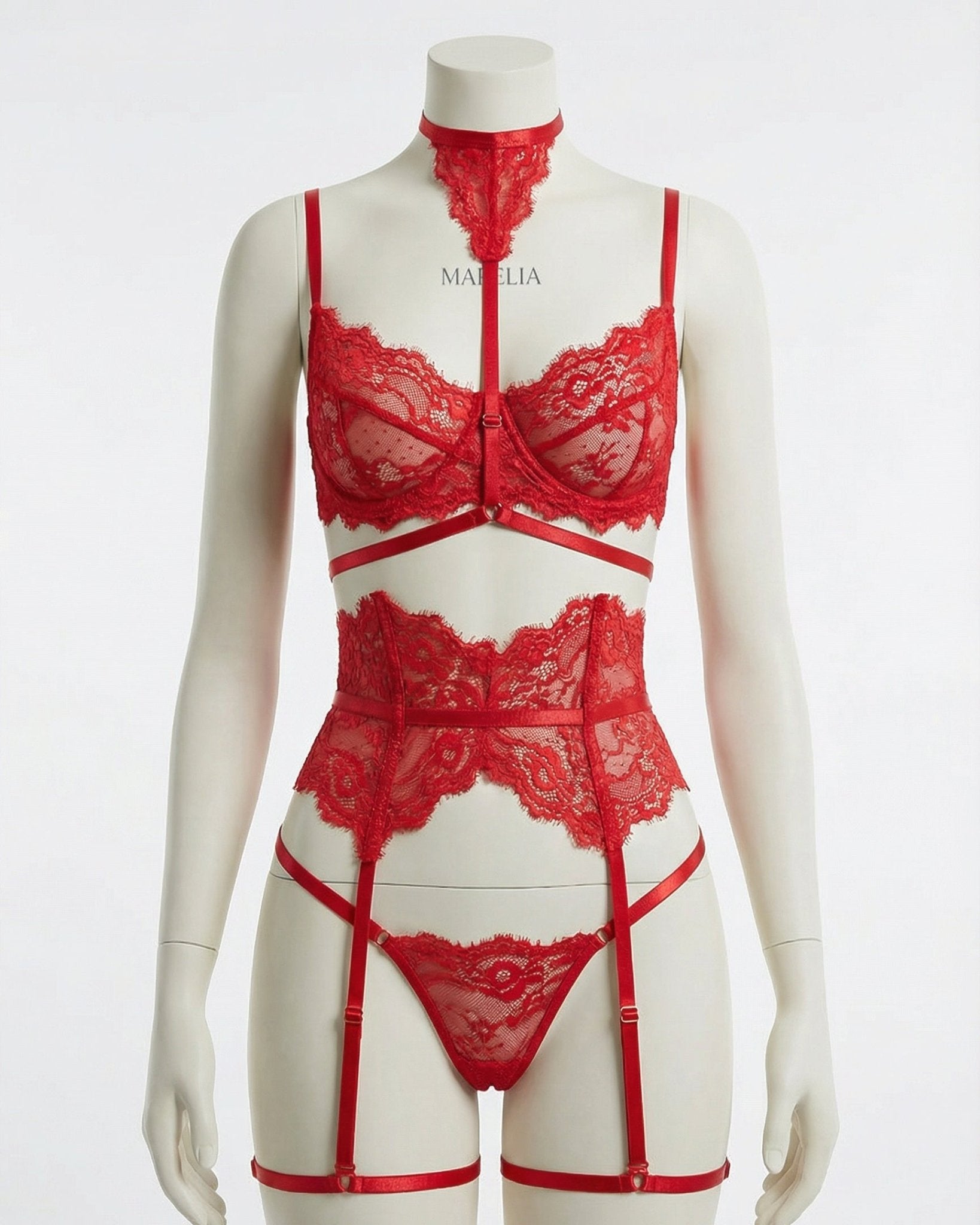 Red Floral Lace Corset Four Piece Set - MARELIA