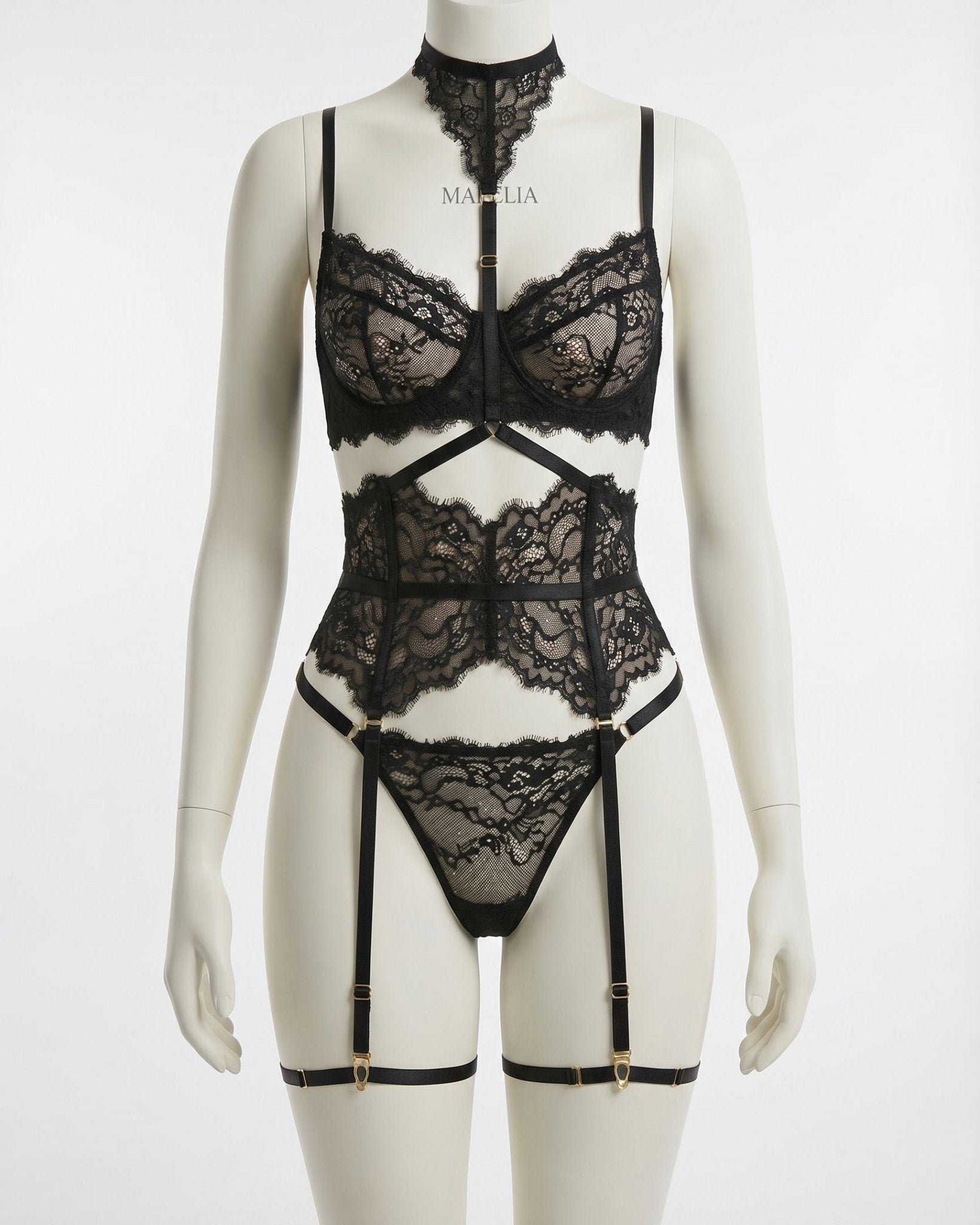 Black Floral Lace Corset Four Piece Set - MARELIA