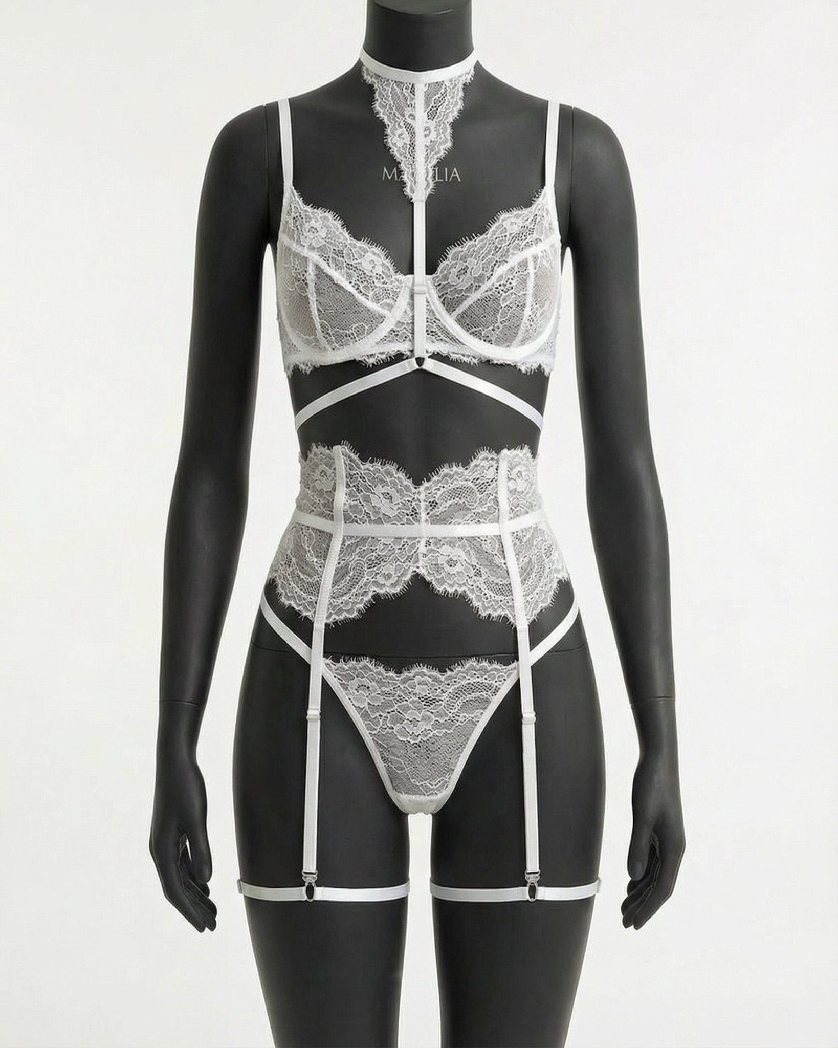 White Floral Lace Corset Four Piece Set - MARELIA