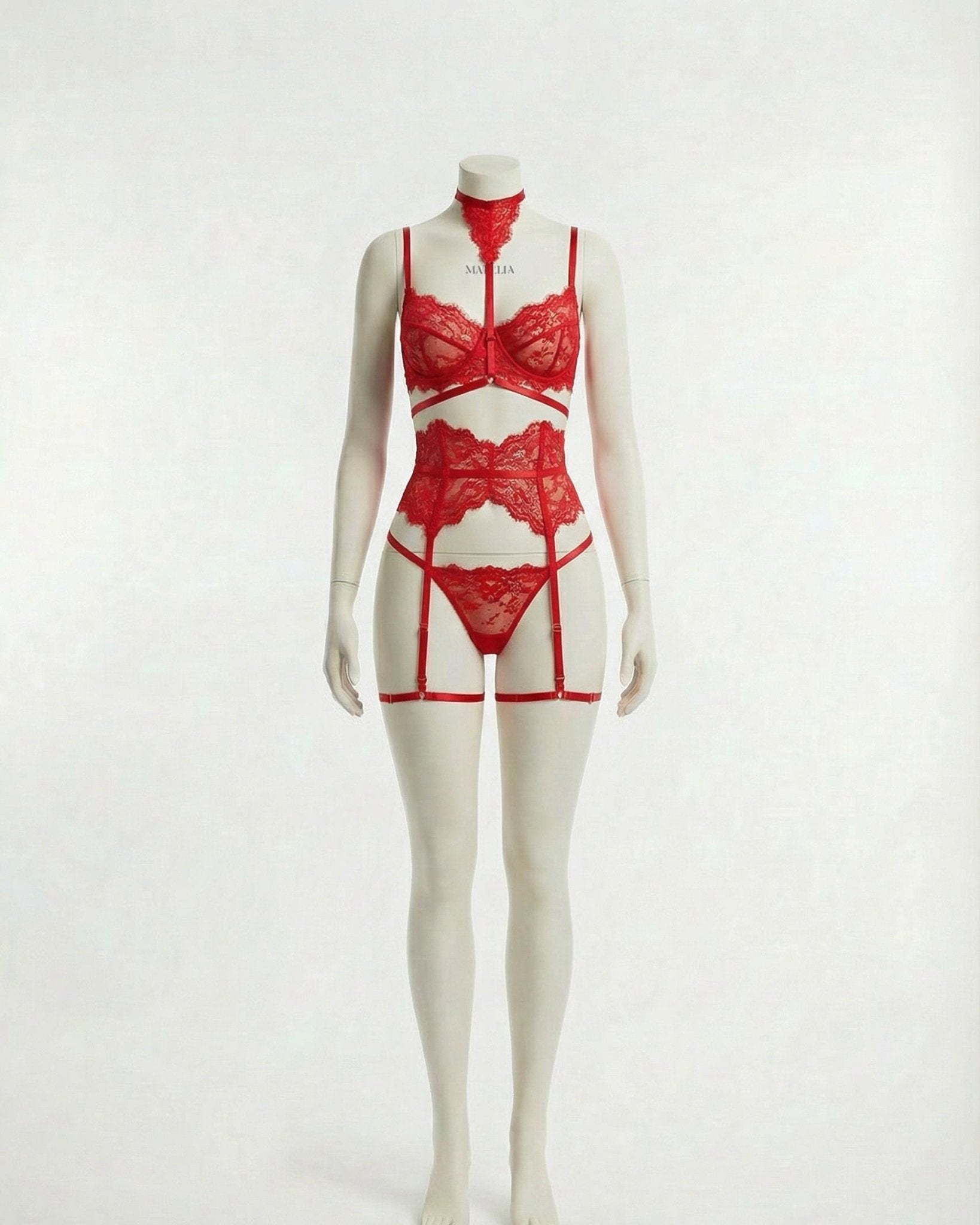 Red Floral Lace Corset Four Piece Set - MARELIA