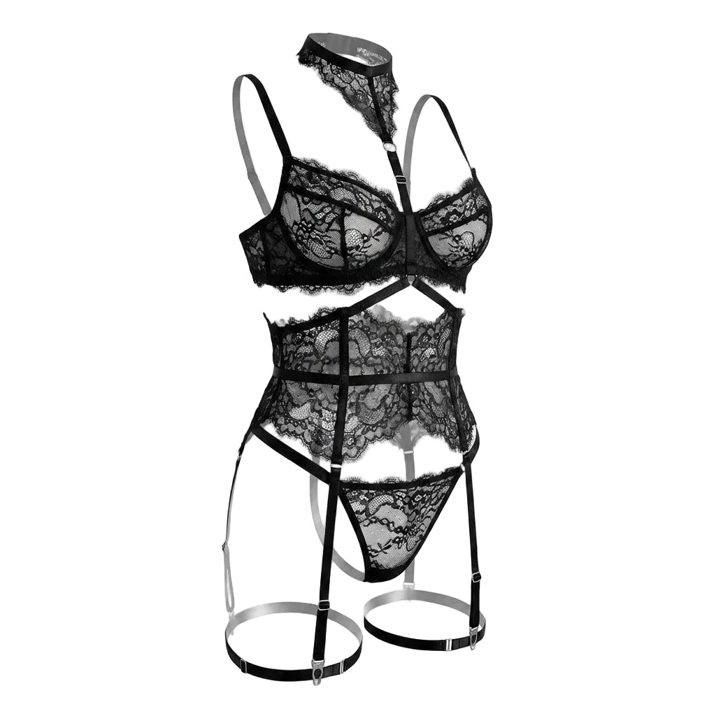 Black Floral Lace Corset Four Piece Set - MARELIA